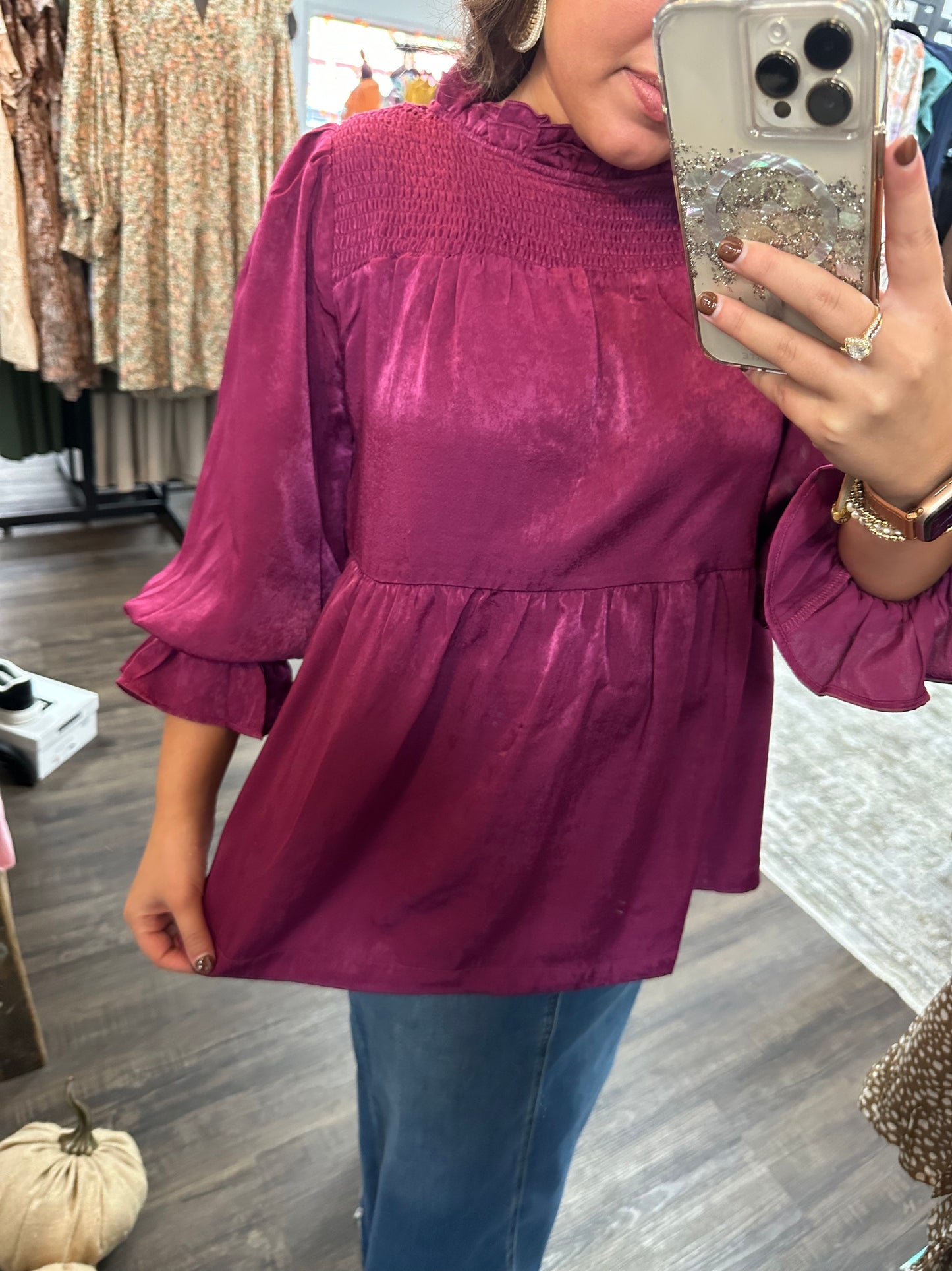 Plum Satin Ruffle Neck Top