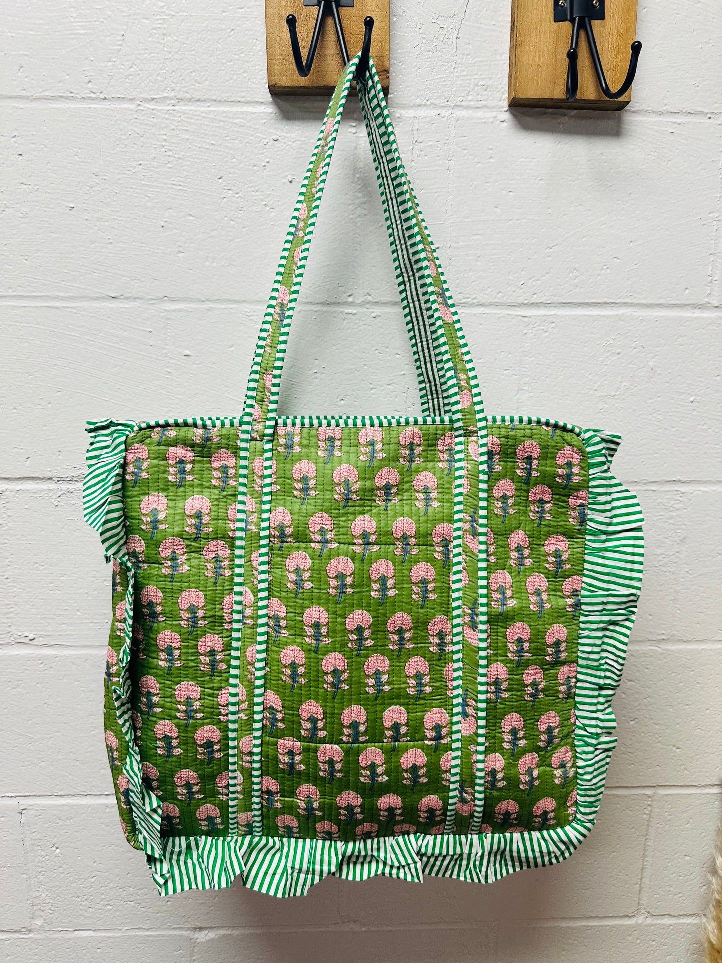 The Green Vintage Floral Ruffle Quilted Tote Bag