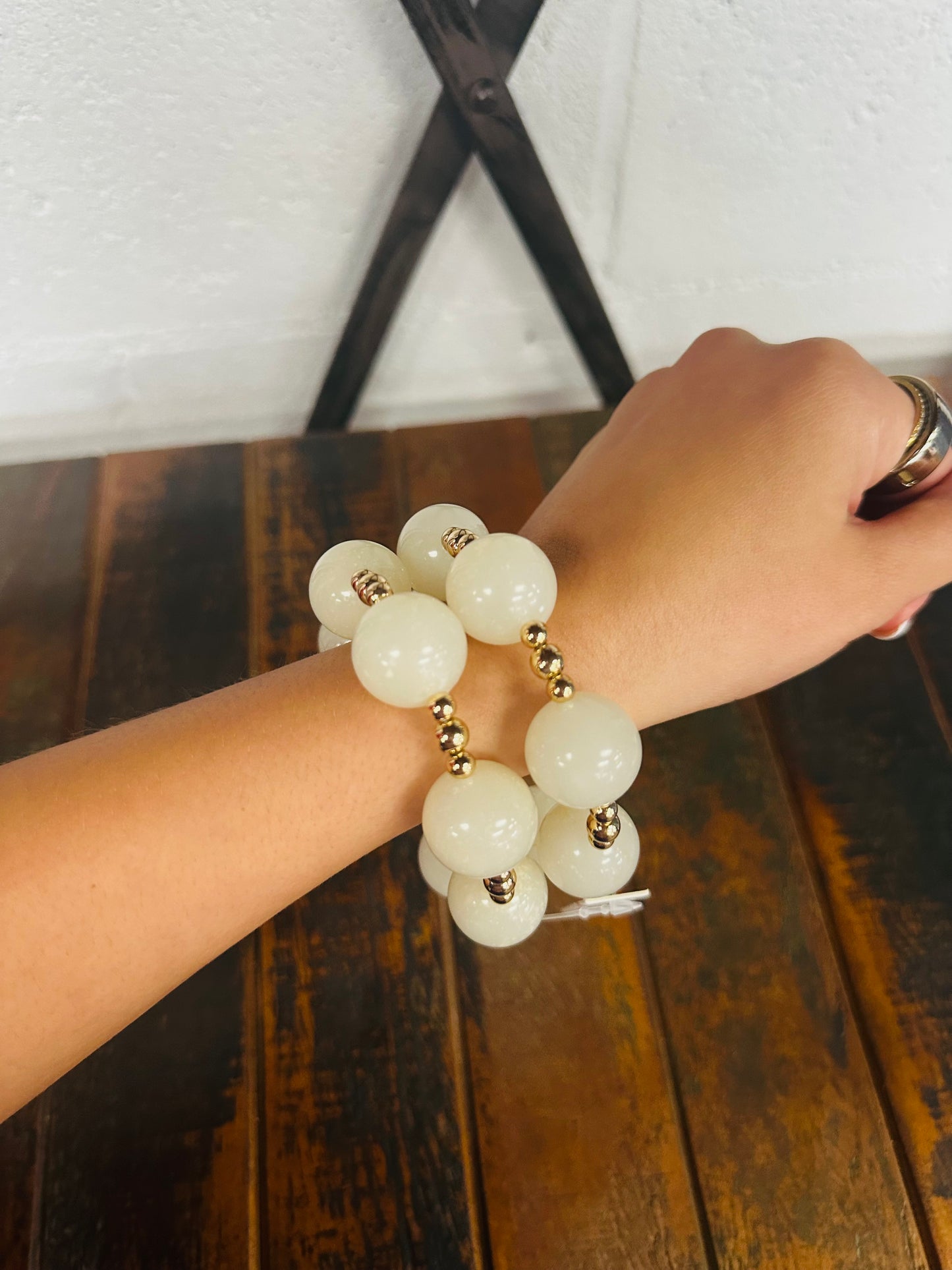 Ivory + Gold Marble Ball Bracelet Set