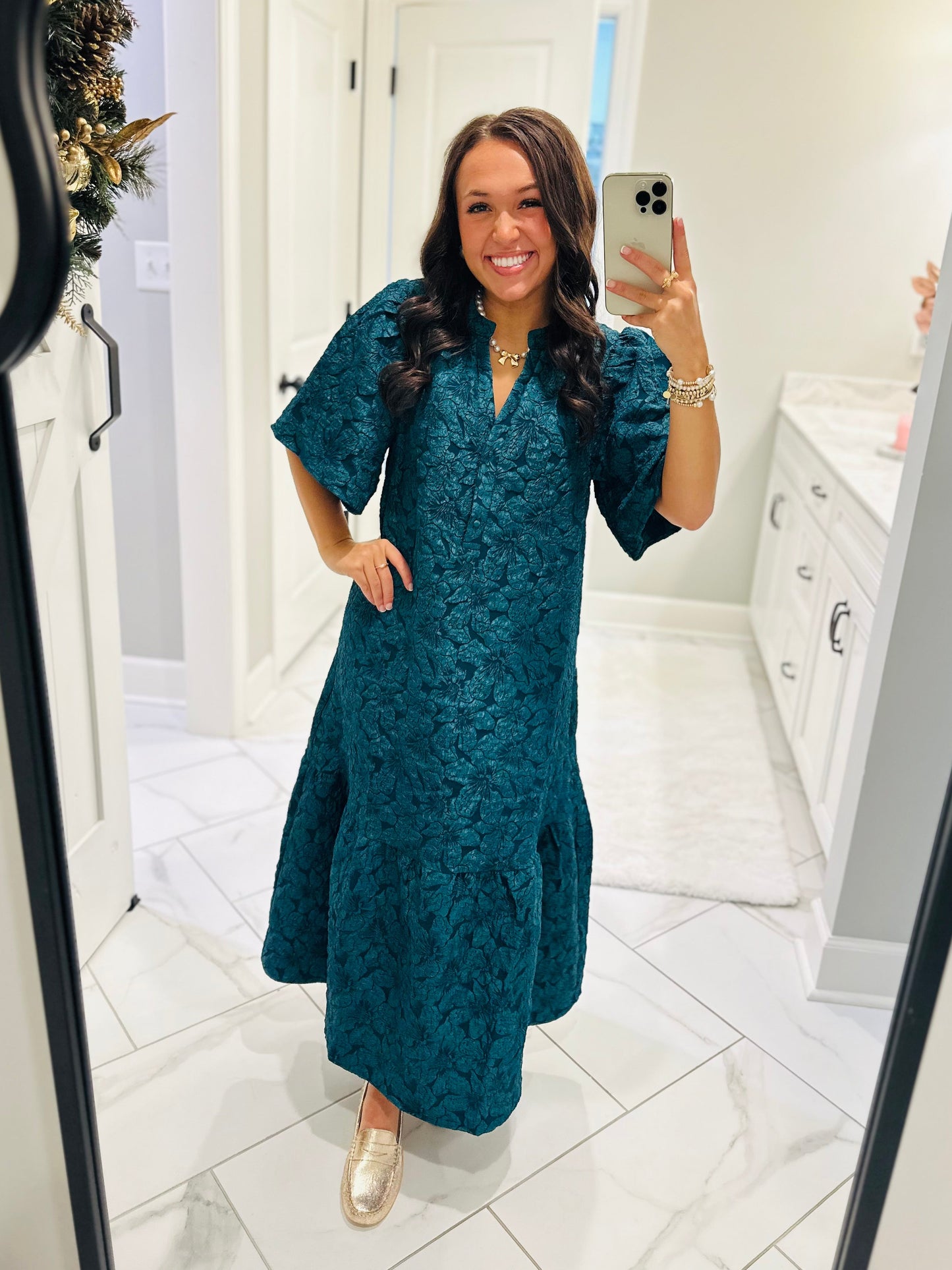 The Ada Emerald Jacquard Floral Midi Dress