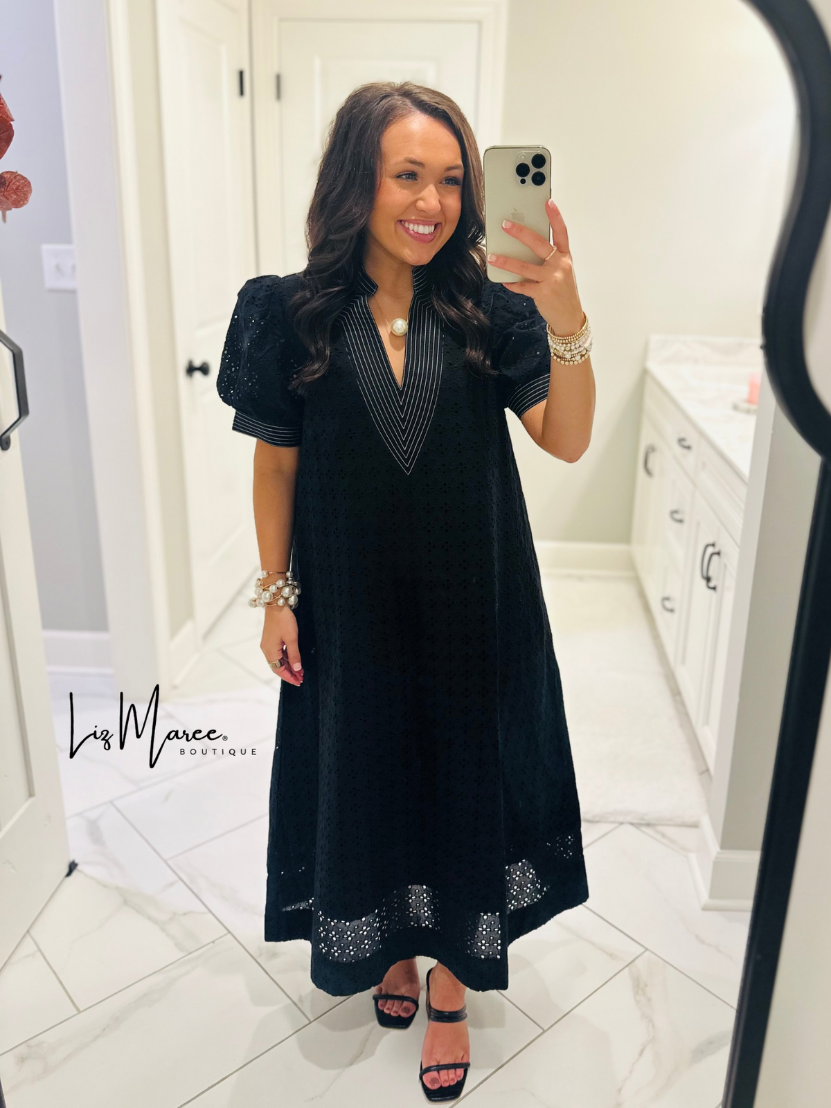 The Adley Black Eyelet Midi Dress