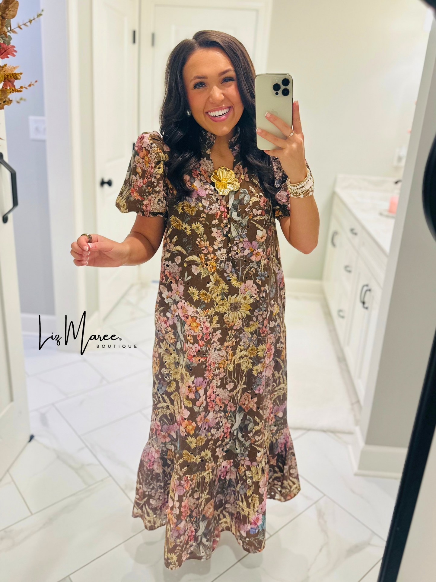 The Nadine Brown Floral Eyelet Midi Dress