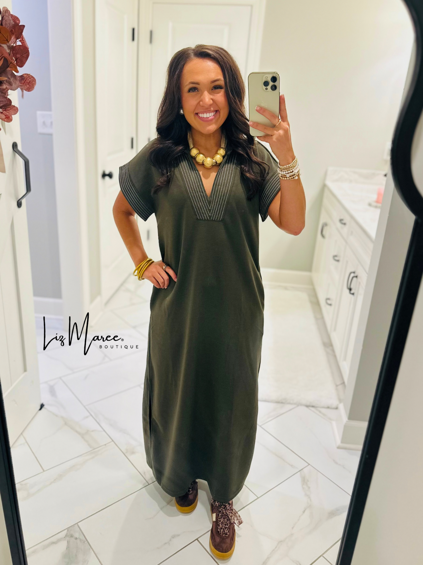 The Parker Olive Collared Stitch Midi Dress