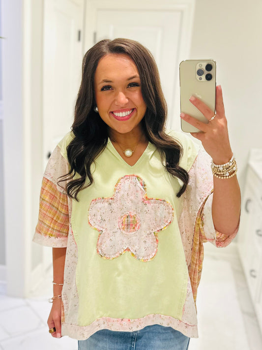 The Scarlett Lime Green Flower Patchwork Top