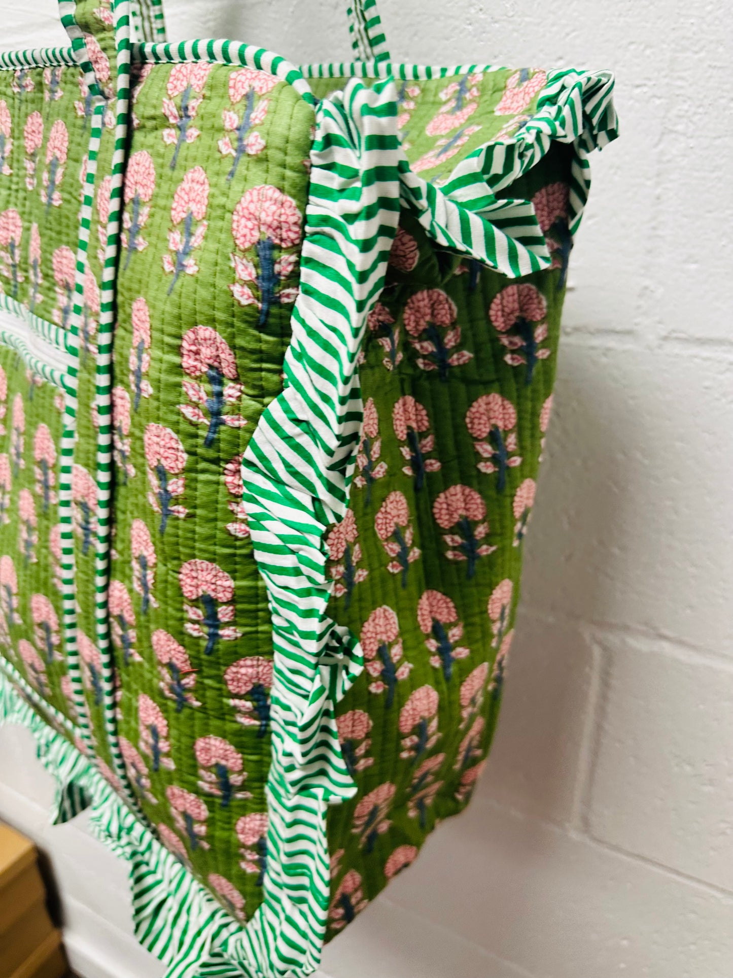 The Green Vintage Floral Ruffle Quilted Tote Bag