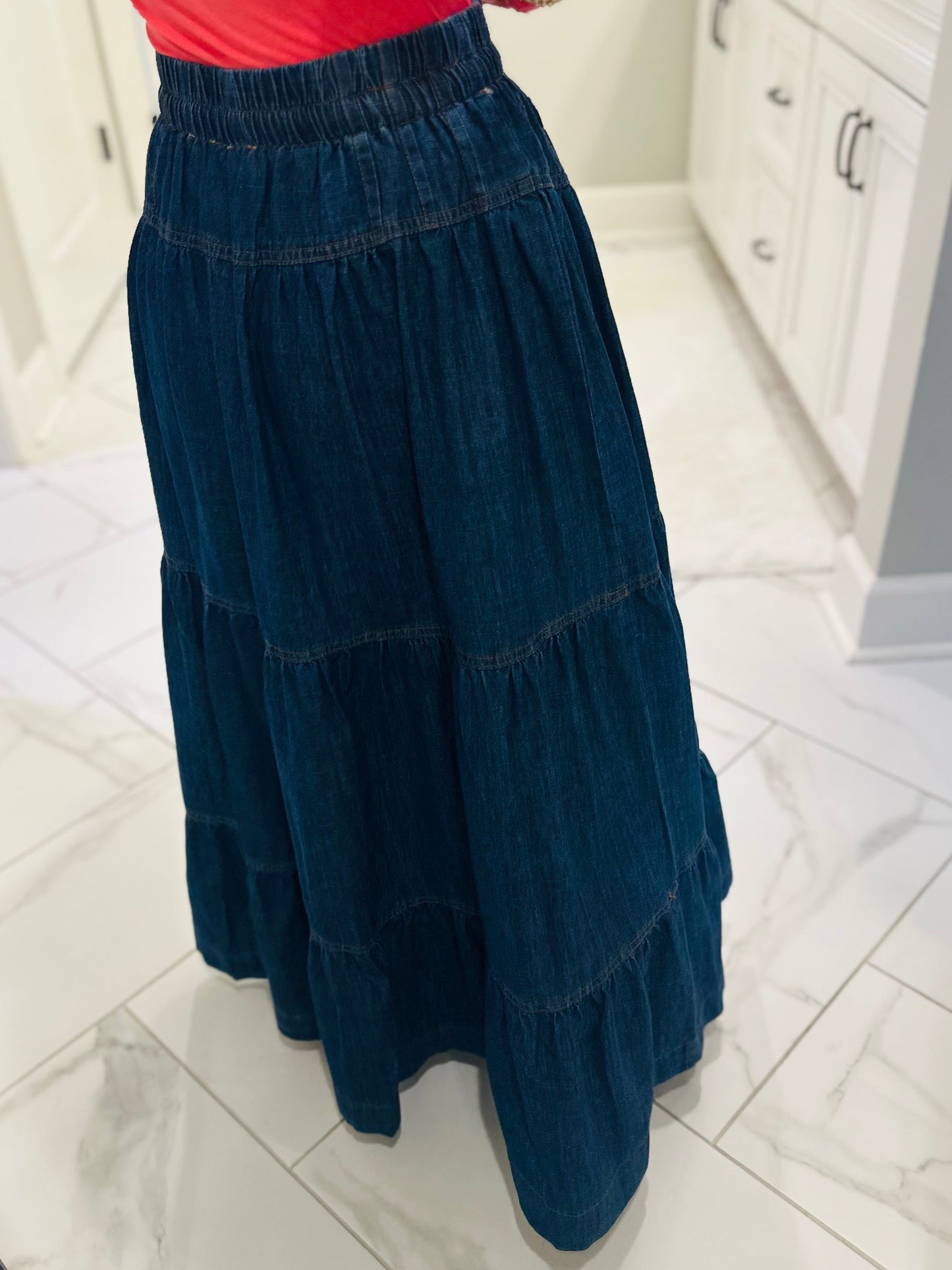 The Mamie Front Button Down Long Denim Skirt