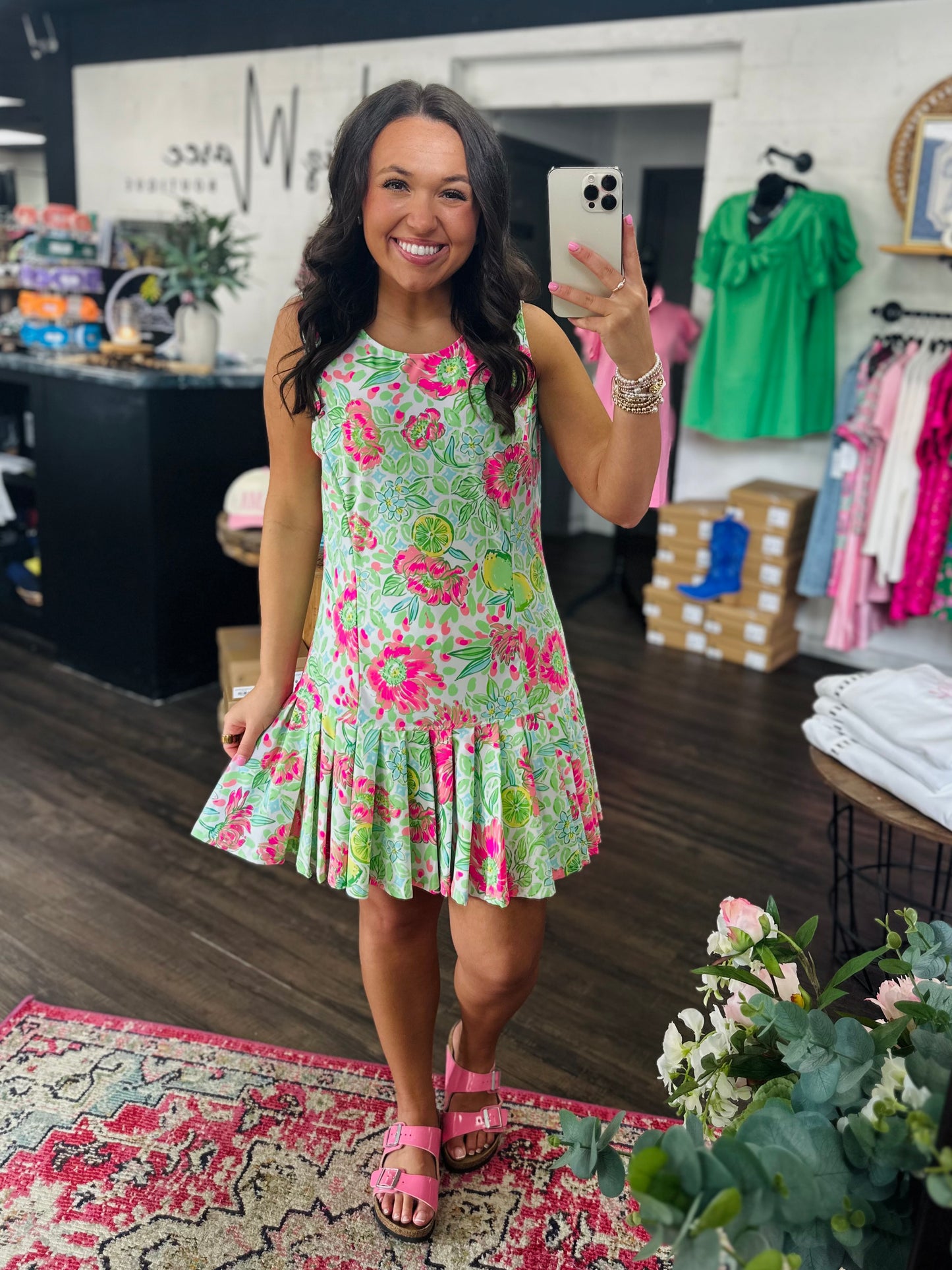 The Sunlee Pink Floral Pleated Dress