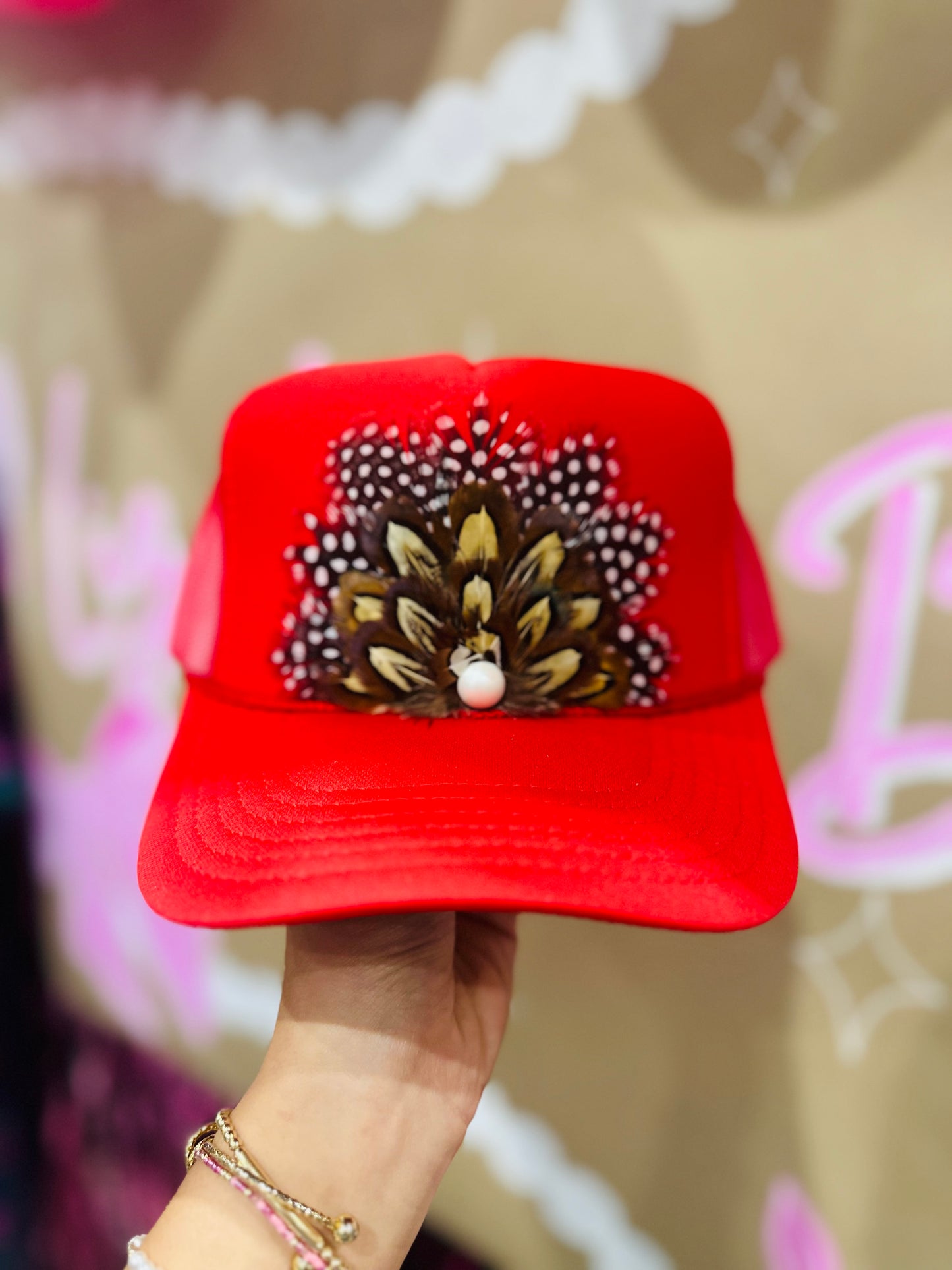 Red Feather + Pearl Trucker Hat