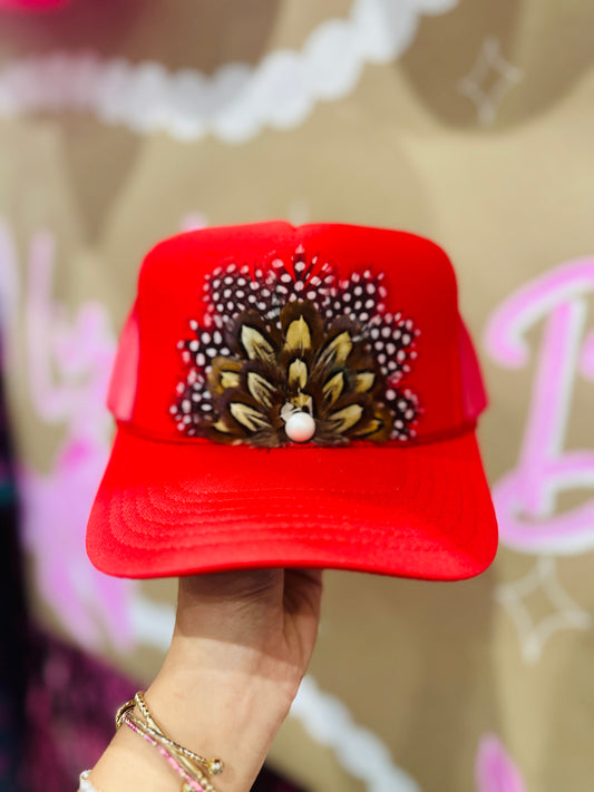 Red Feather + Pearl Trucker Hat