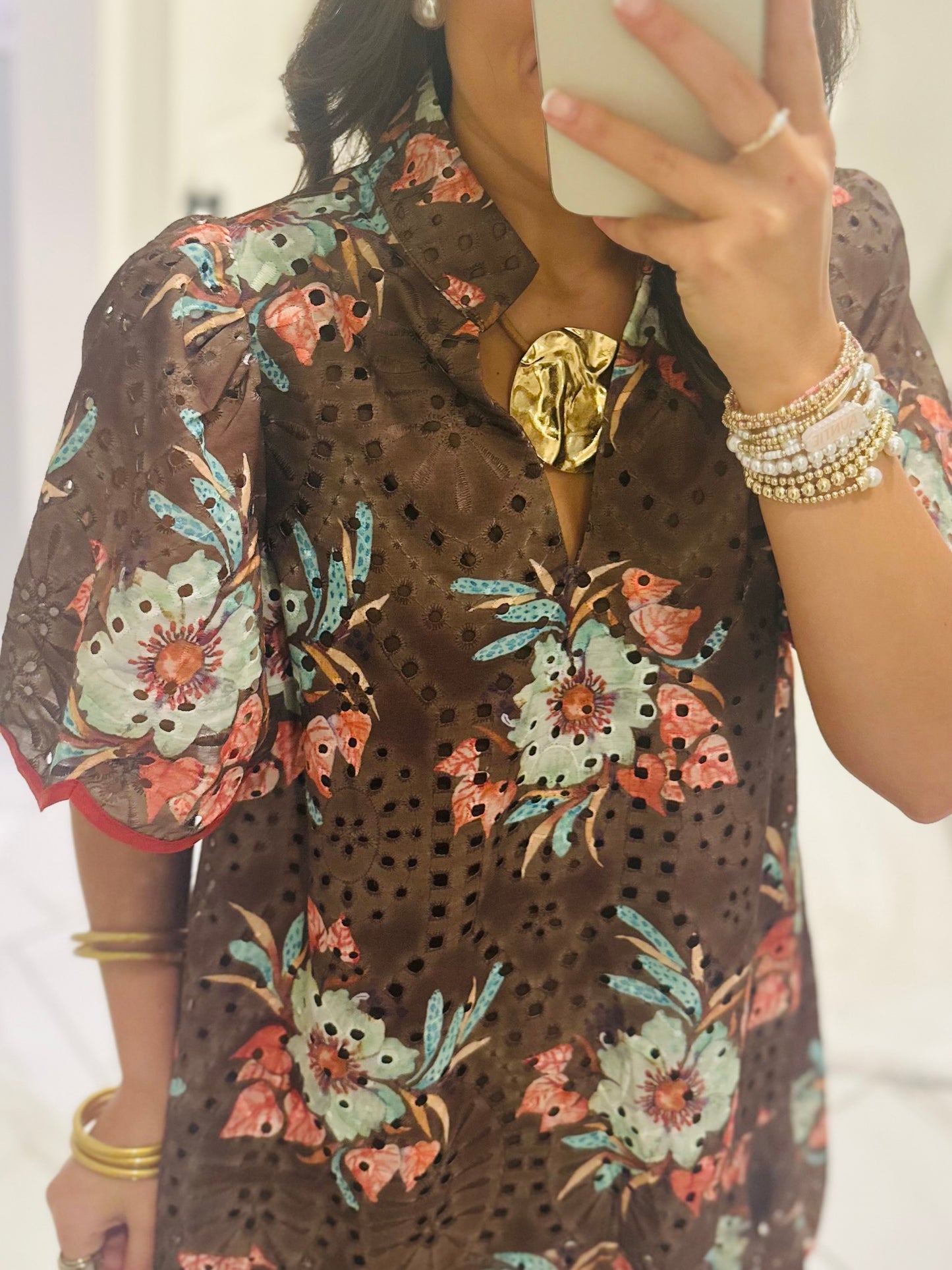 The Brinley Brown Floral Eyelet Scallop Dress