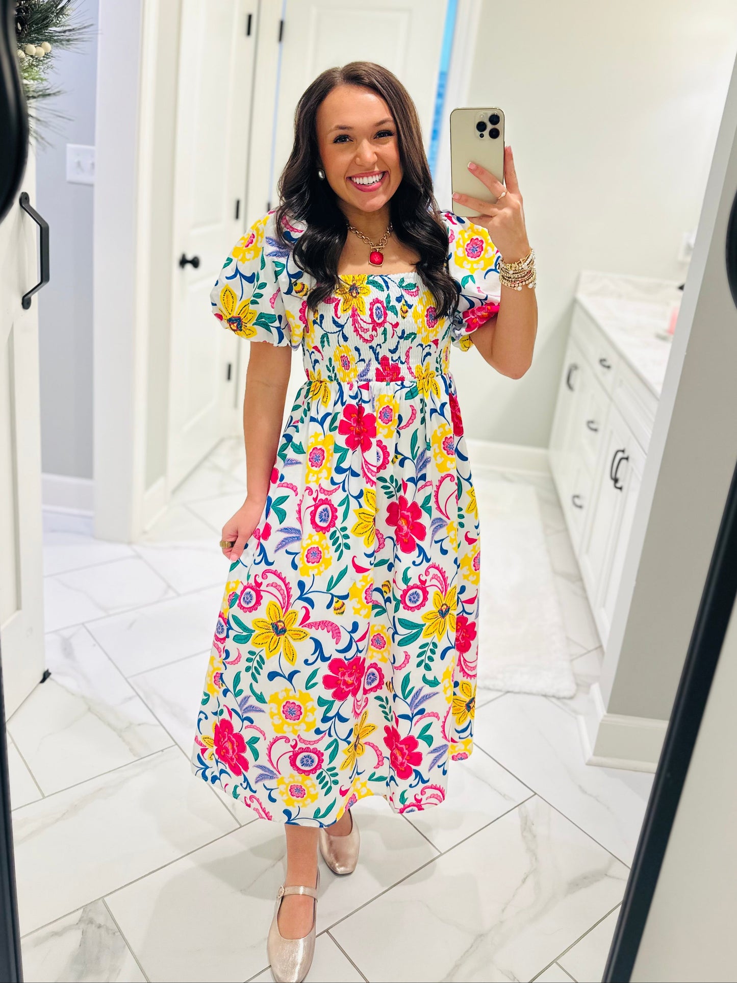 The Kes White Floral Smocked Midi Dress