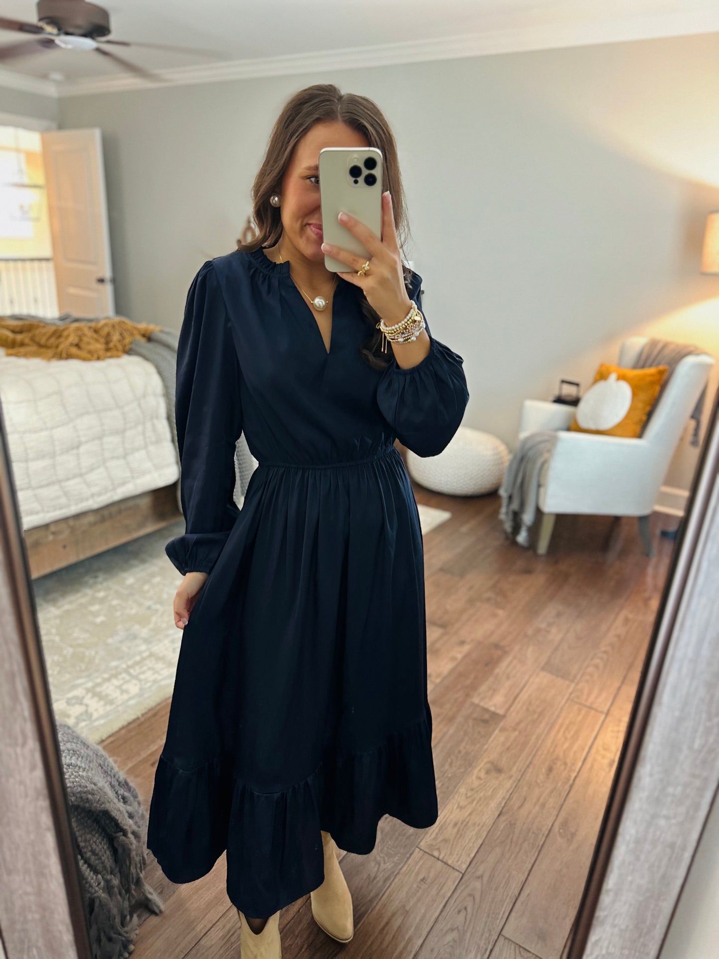 The Navy Satin Midi Dress