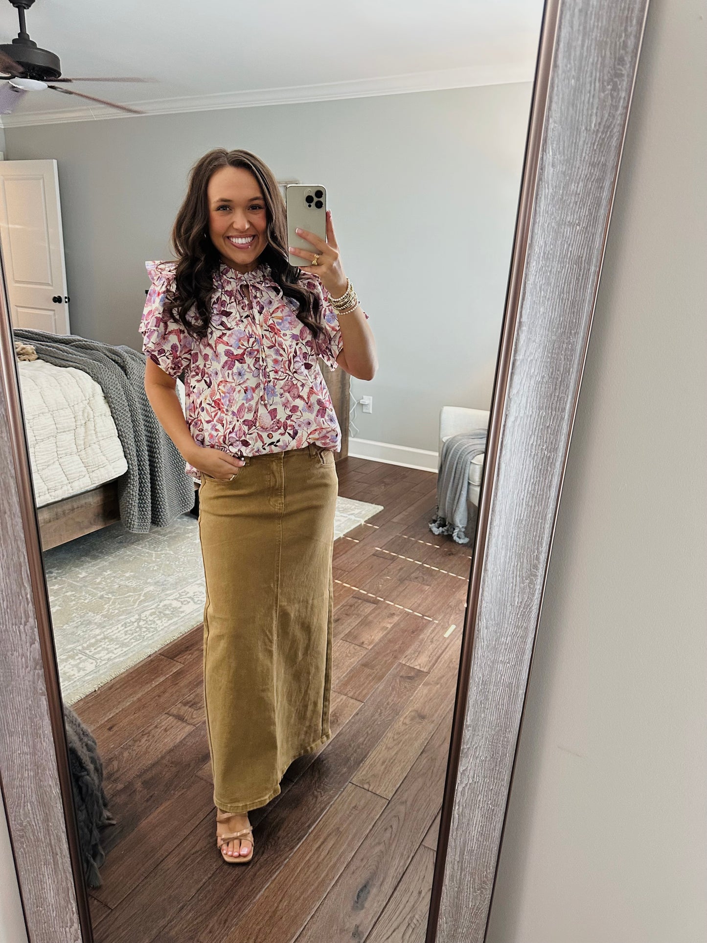 The Mocha High Rise Back Slit Long Denim Skirt