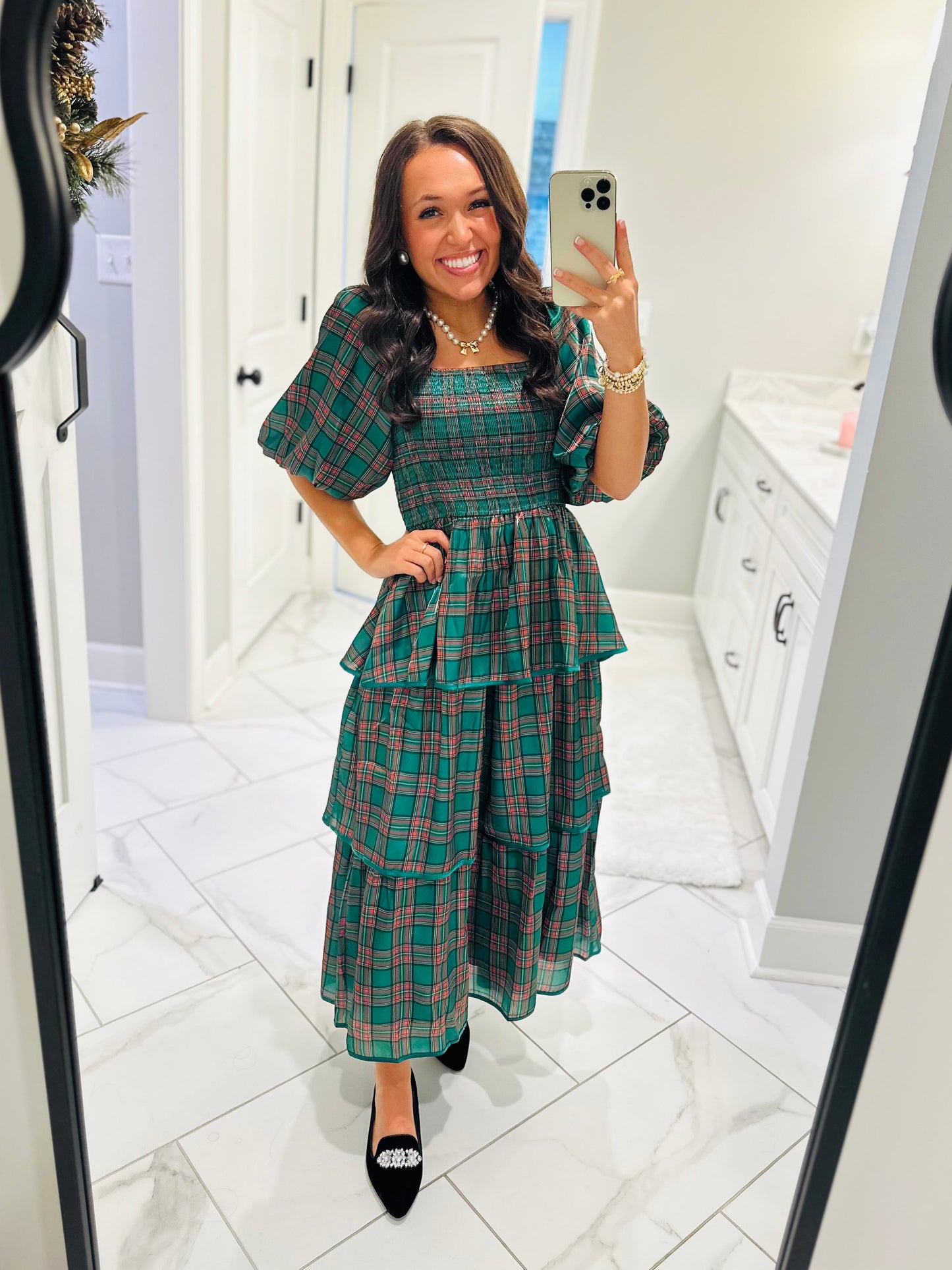 The Holly Green Christmas Plaid Tiered Midi Dress