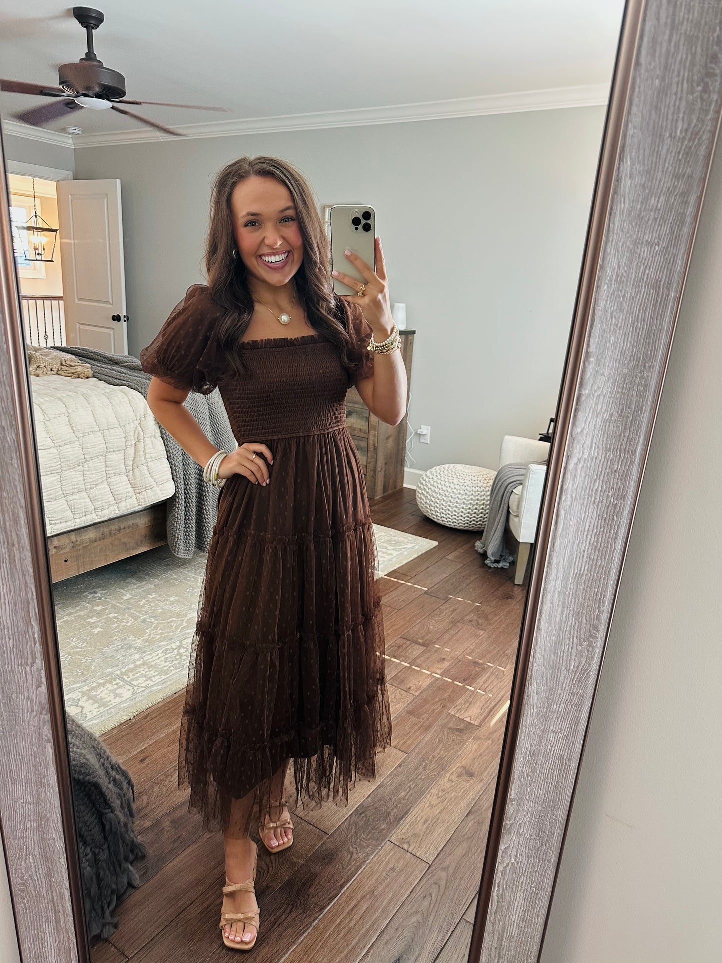 The Autumn Brown Polka Dot Chiffon Puff Sleeve Midi Dress