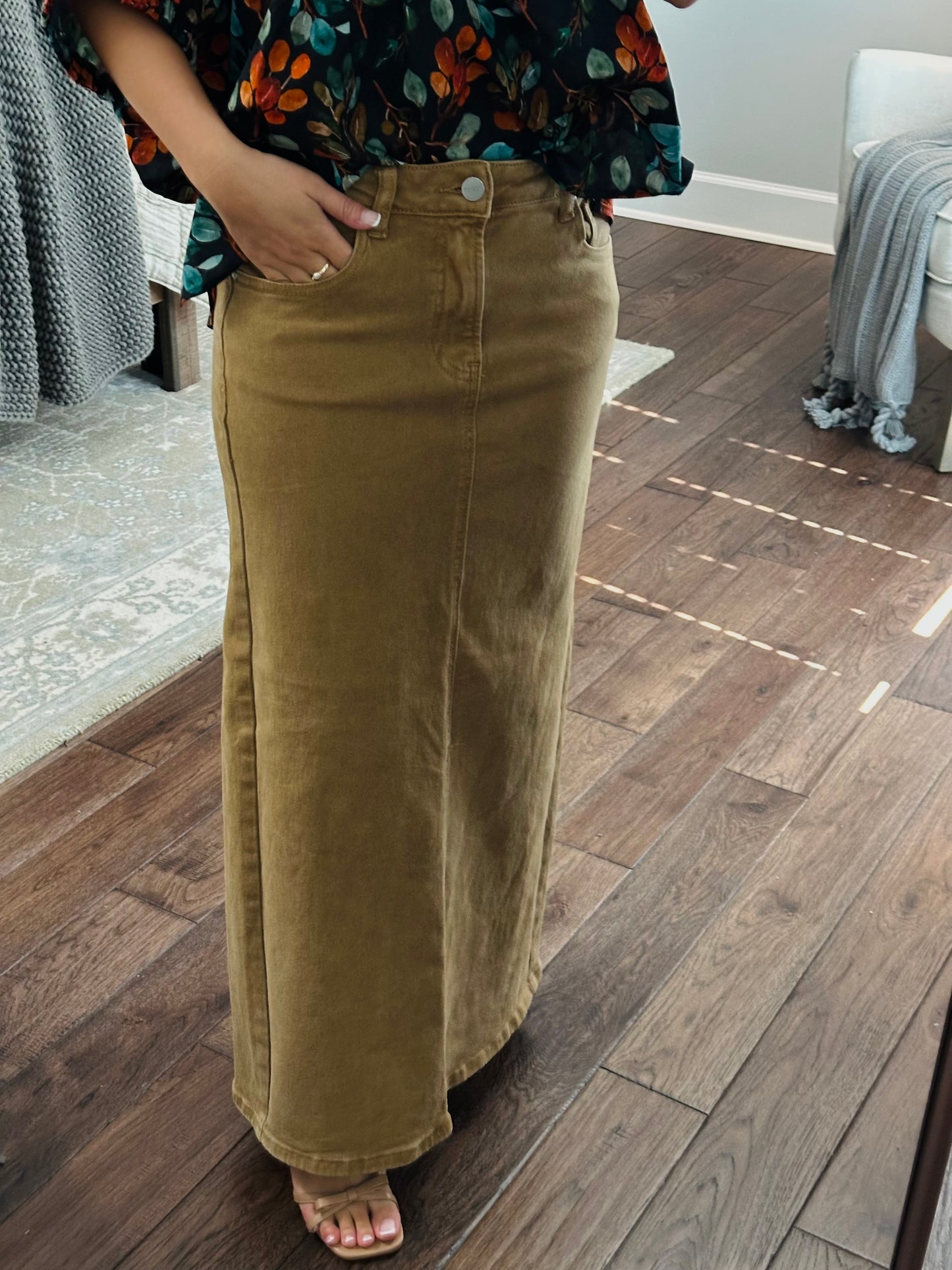 The Mocha High Rise Back Slit Long Denim Skirt