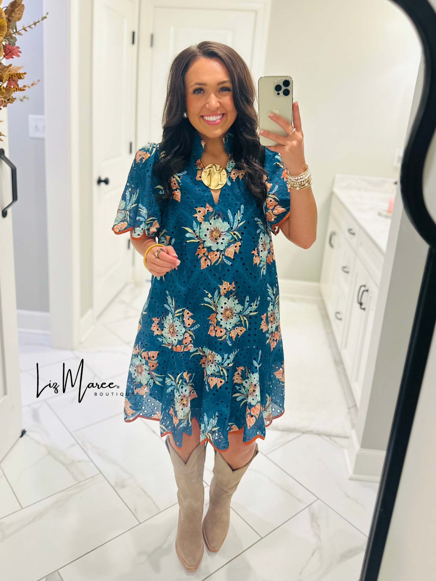 The Brinley Teal Green Floral Eyelet Scallop Dress
