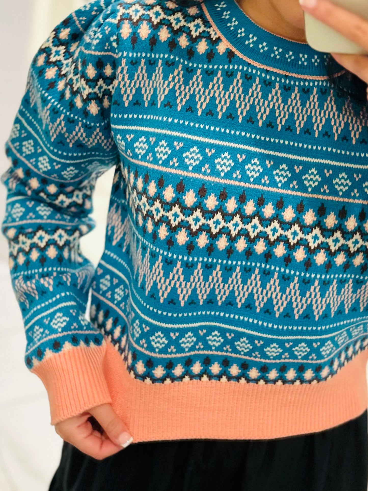 The Alya Blue Fair Isle Print Cropped Sweater