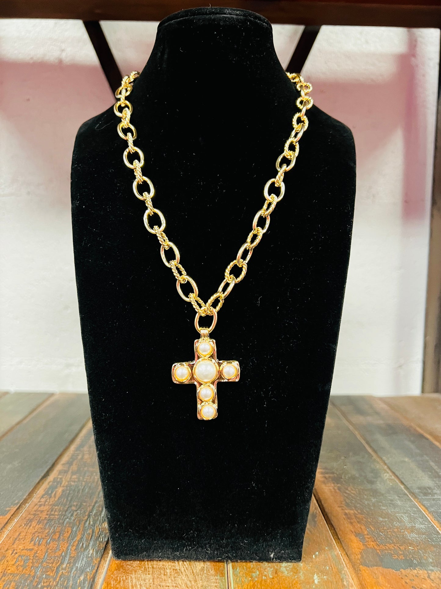 Gold Pave Pearl Cross Necklace