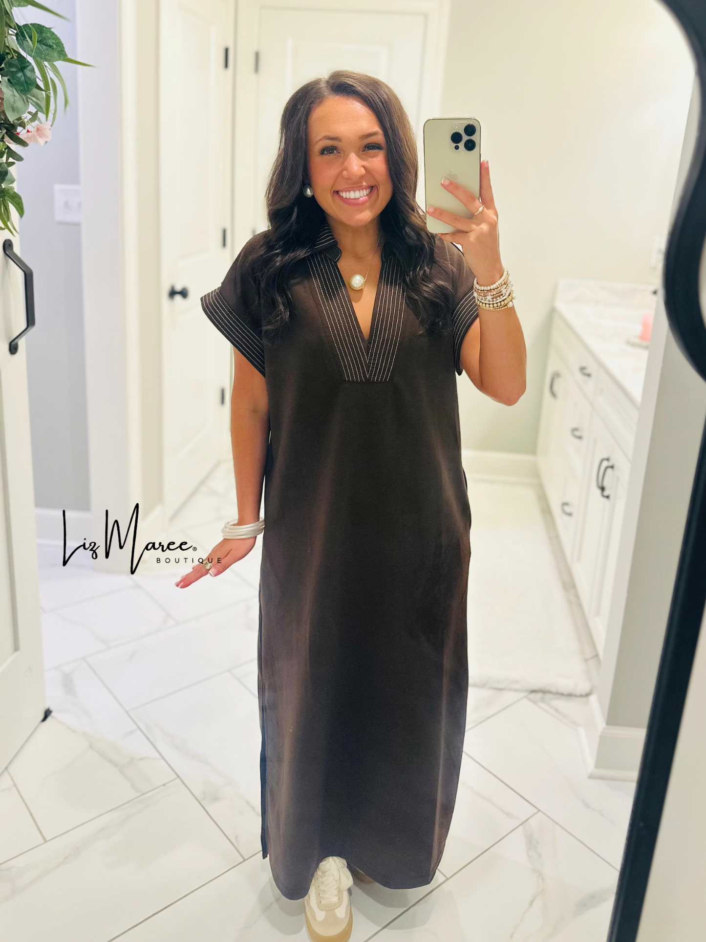The Parker Brown Collared Stitch Midi Dress