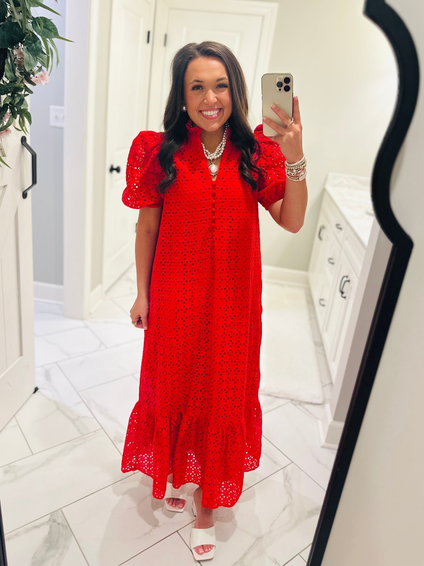 The Liz Red Eyelet Midi Dress