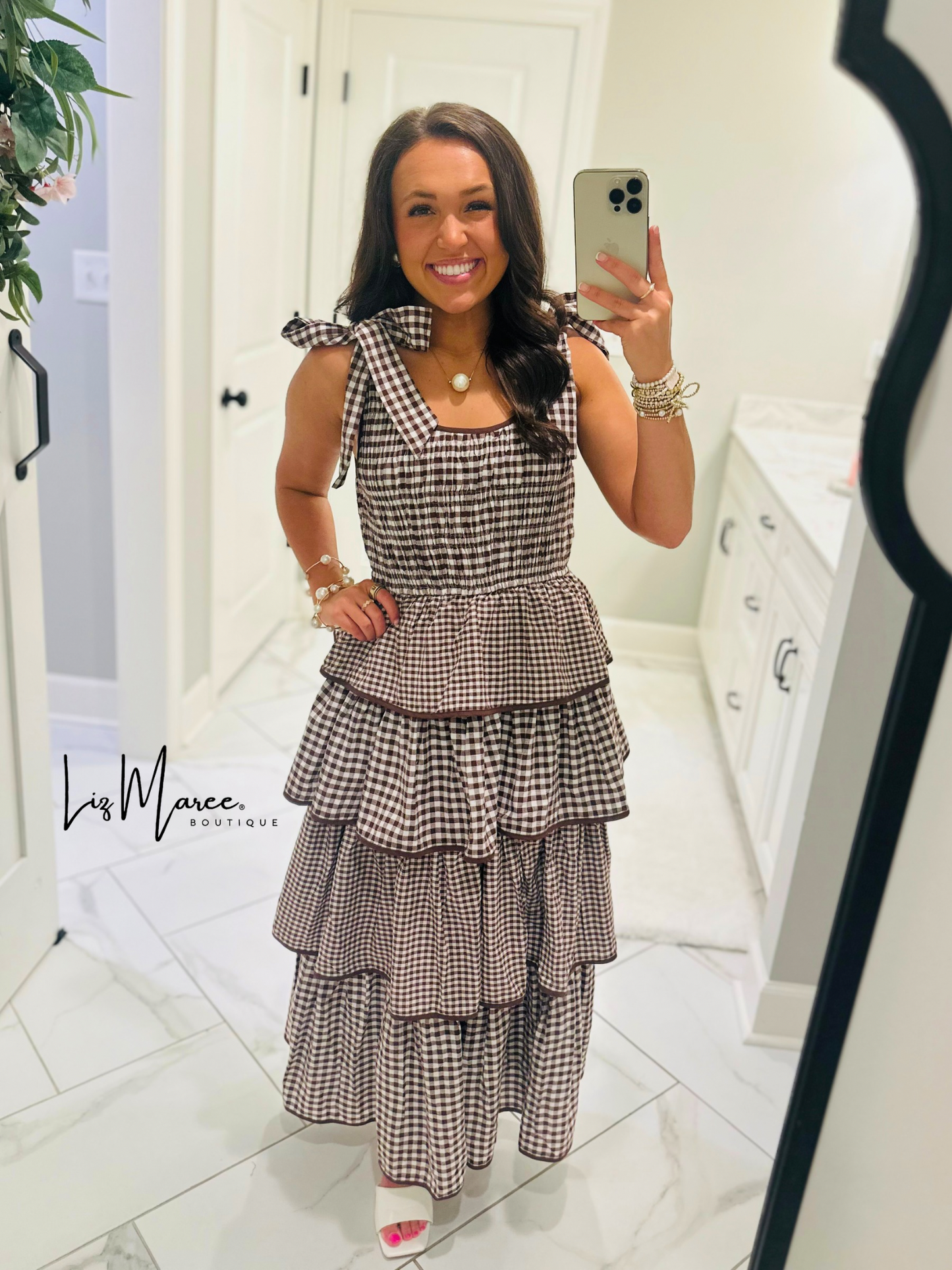 The Kacie Brown Gingham Tiered Ruffle Midi Dress