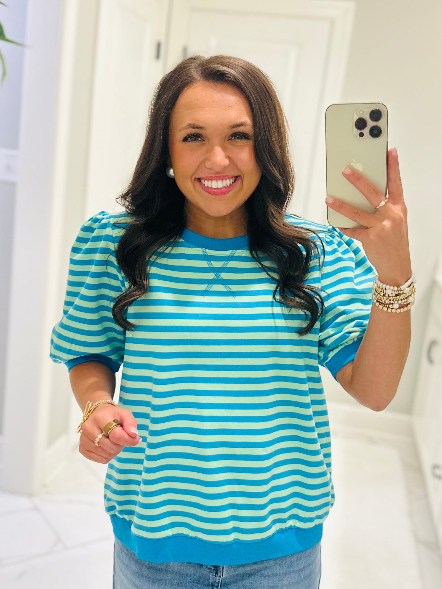 The Summer Blue + Lime Green Striped Puff Sleeve Top