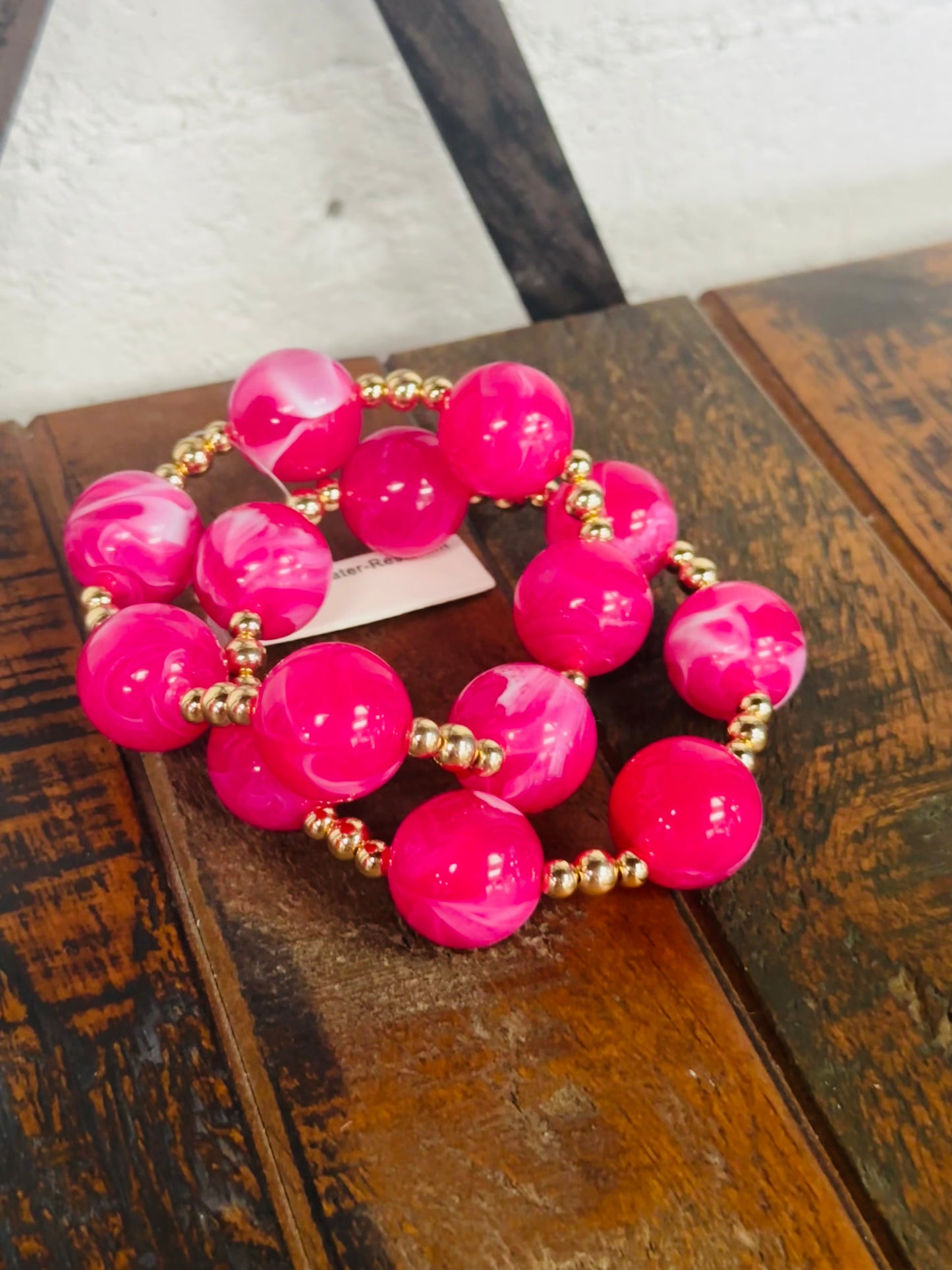 Fuchsia + Gold Marble Ball Bracelet Set