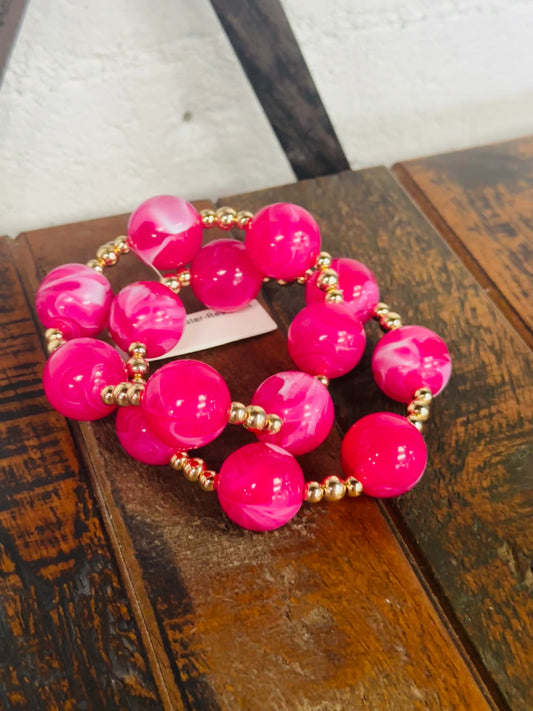 Fuchsia + Gold Marble Ball Bracelet Set