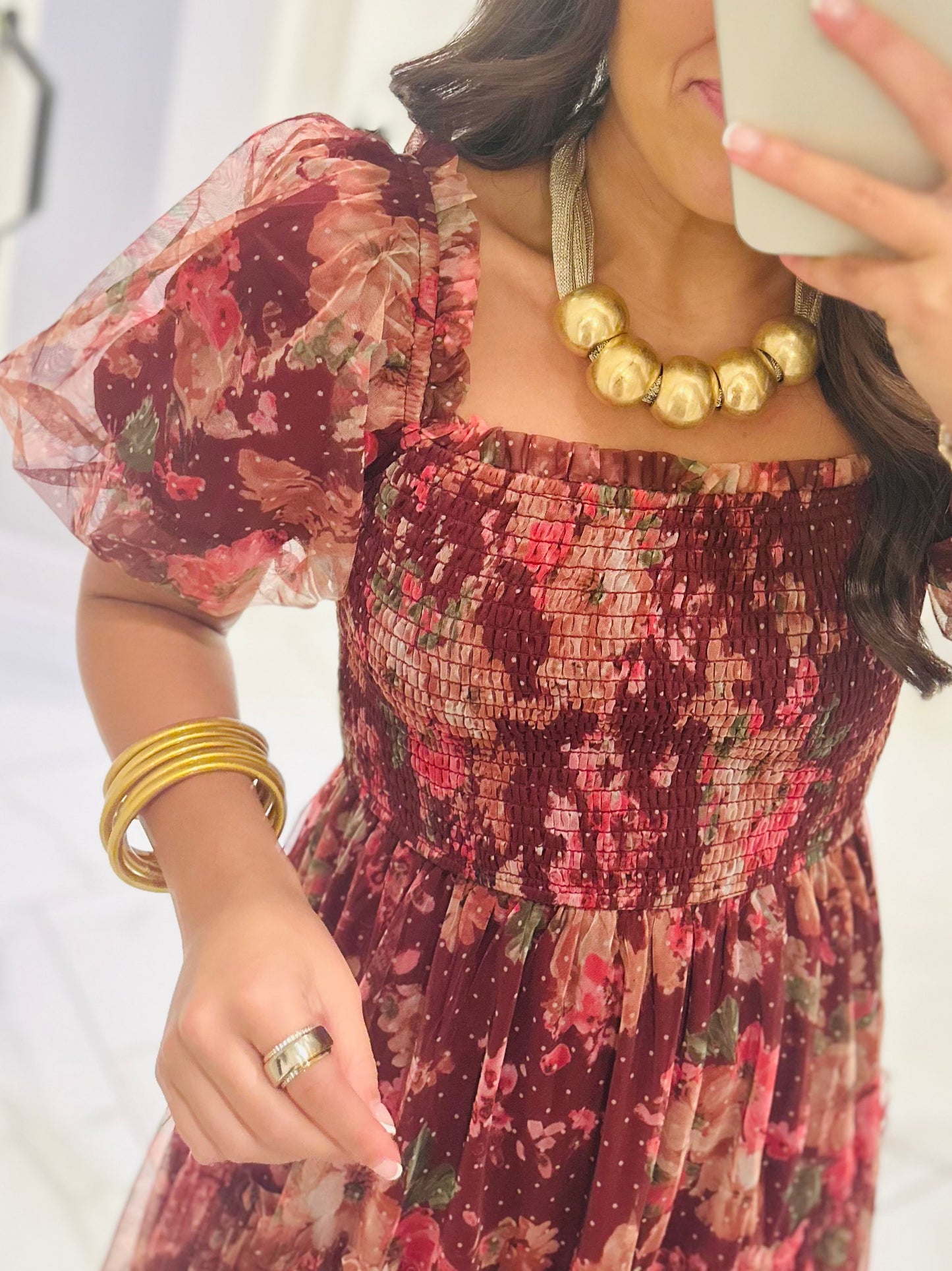 The Halston Burgundy Floral Polka Dot Midi Dress