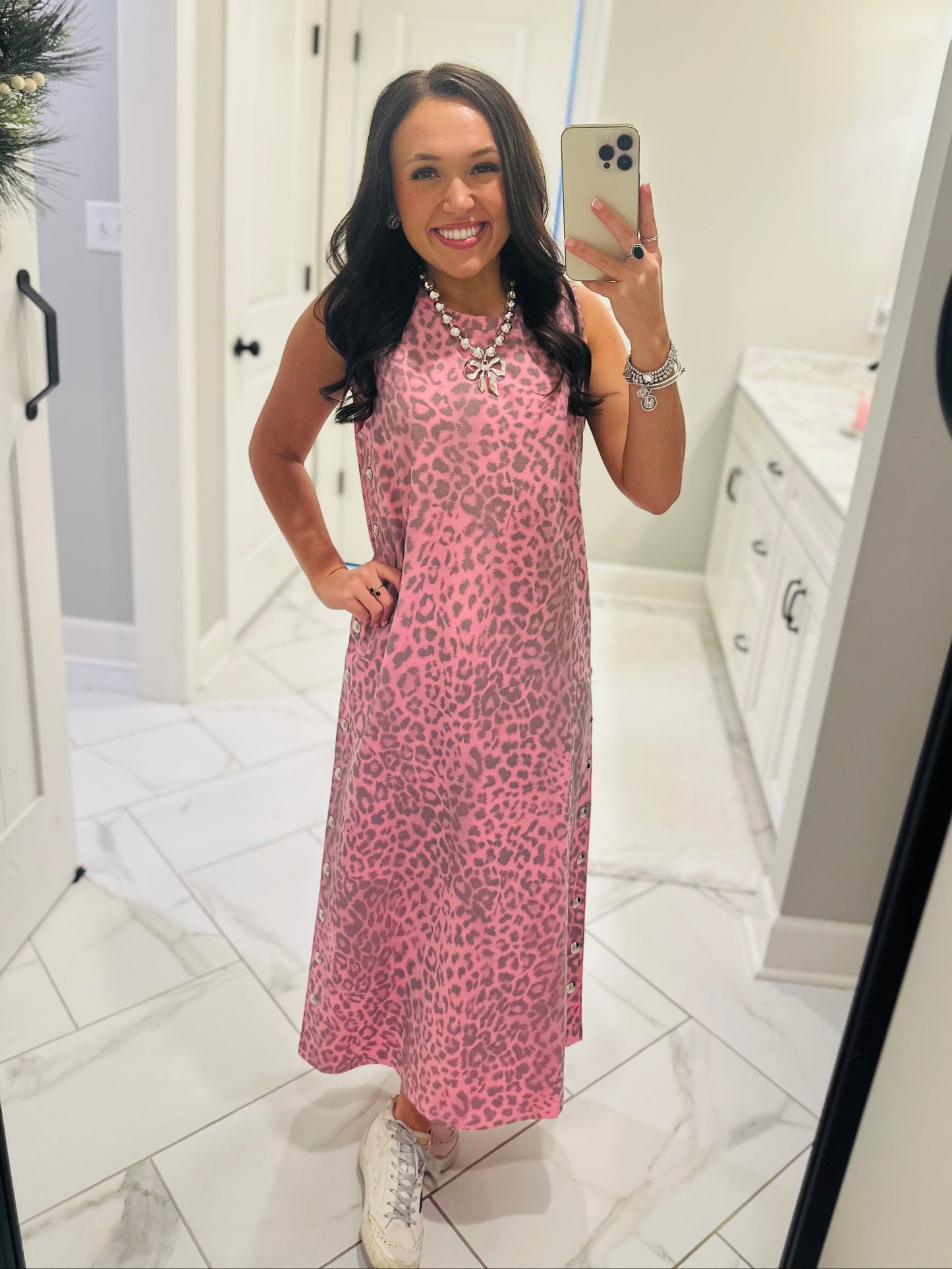 The Brooke Pink Leopard Midi Dress