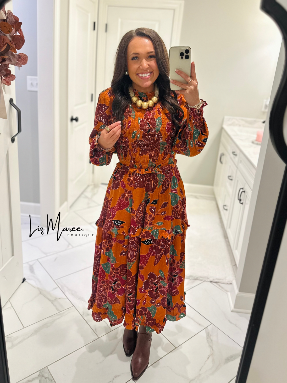 The Marven Rust Brown Floral Smocked Midi Dress