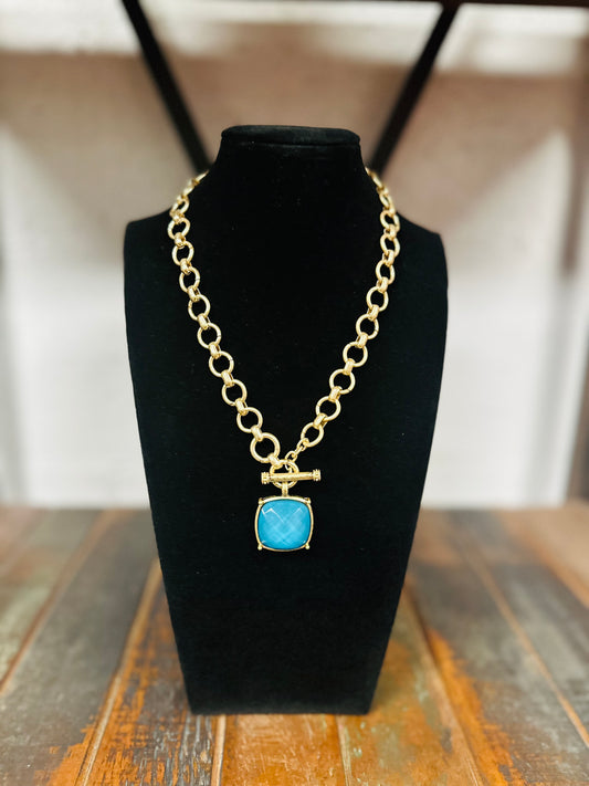 Teal Square Stone Pendant Necklace