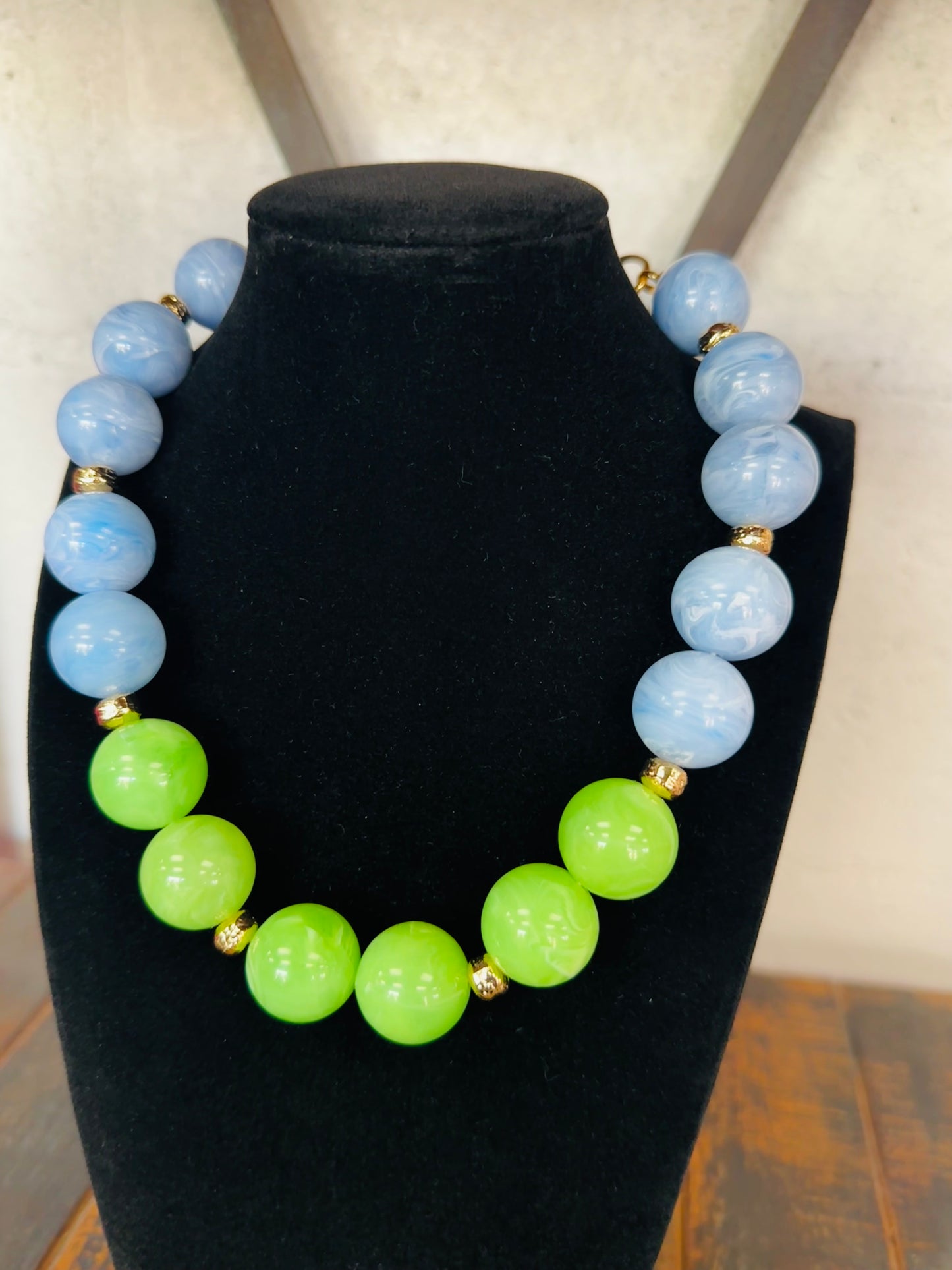 Blue + Lime Green Acrylic Beaded Ball Necklace