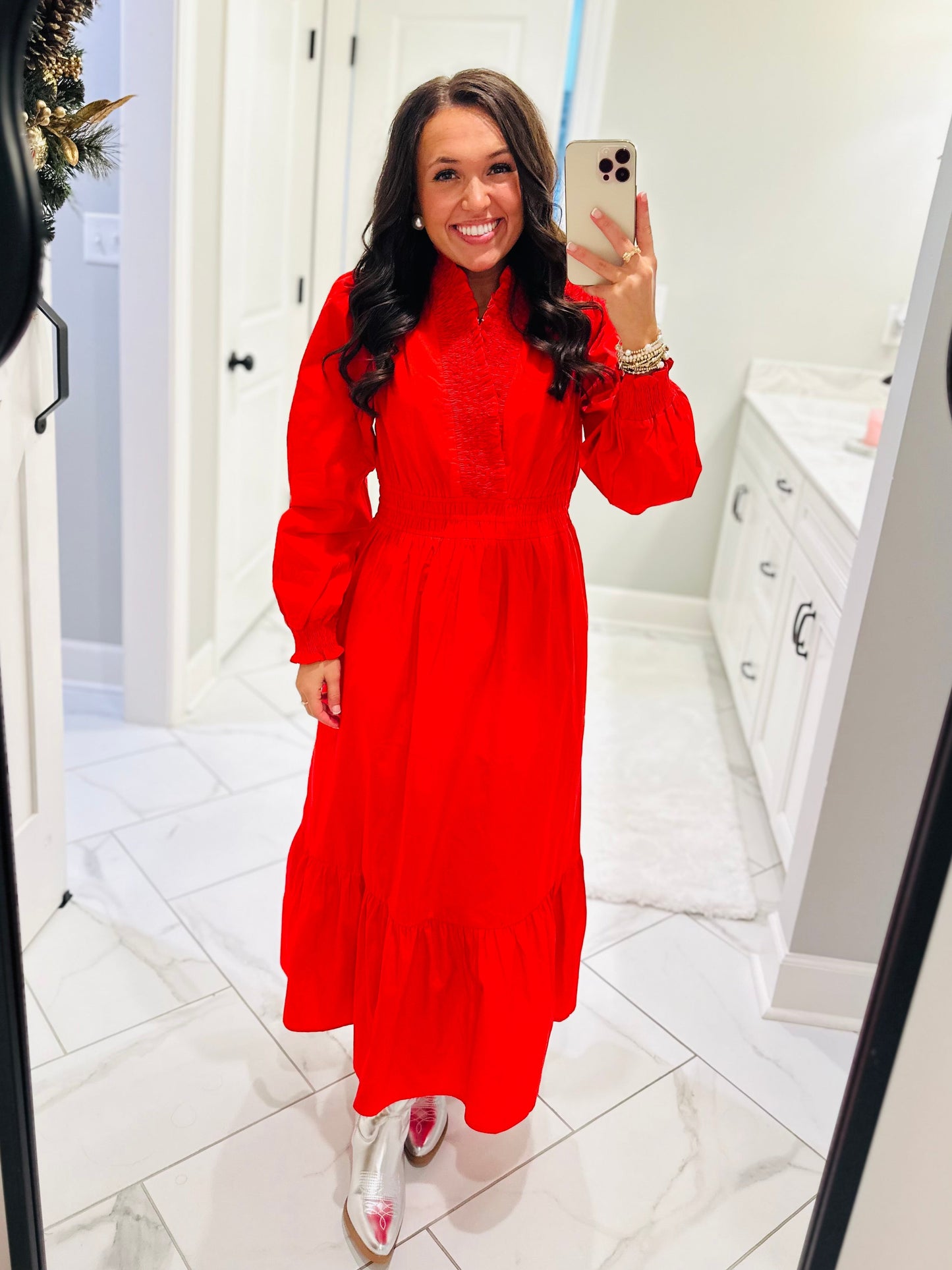 The Rudy Red Long Sleeve Midi Dress