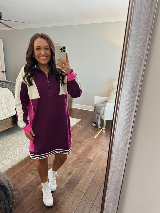 The Mal Purple + Pink Colorblock Quarter-Zip Dress