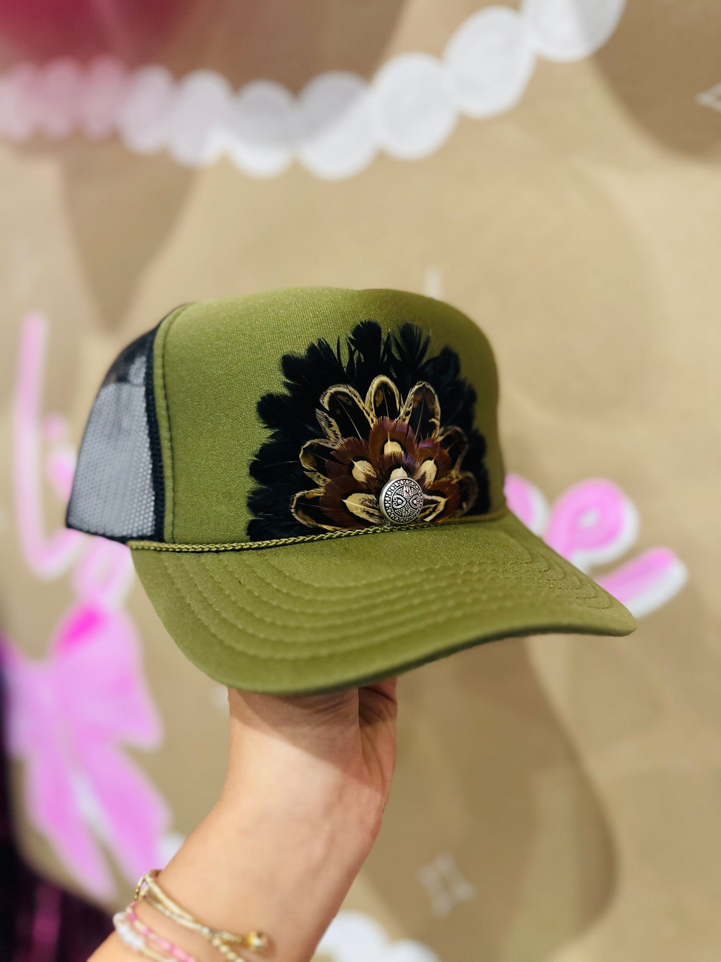 Olive Green + Black Feather Trucker Hat