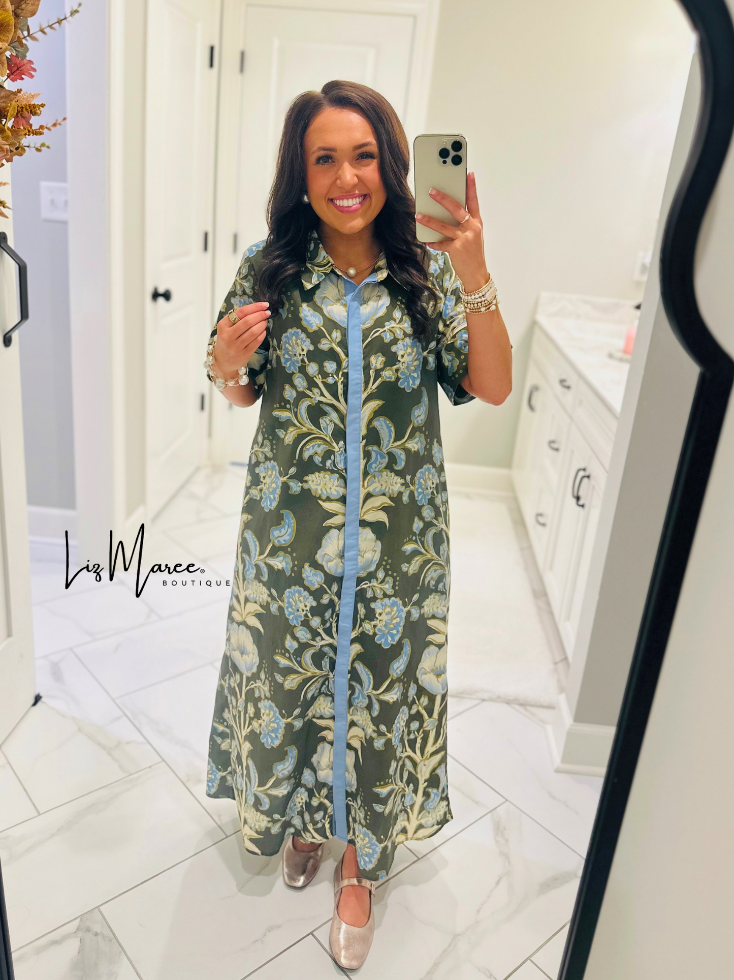 The Evie Olive Green + Blue Floral Midi Dress