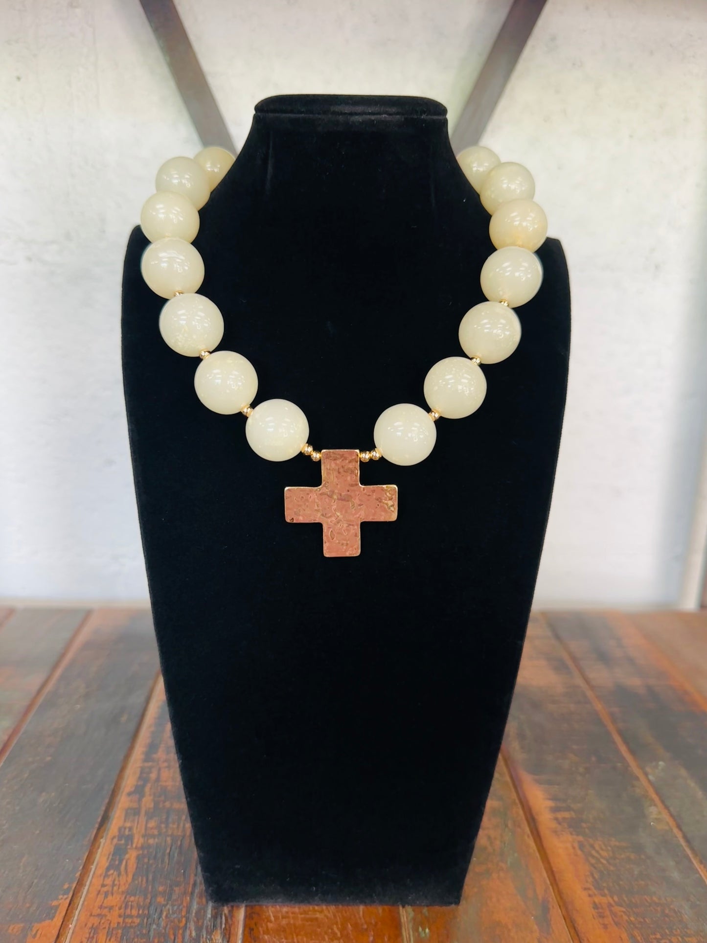 Ivory + Gold Cross Pendant Marble Ball Necklace