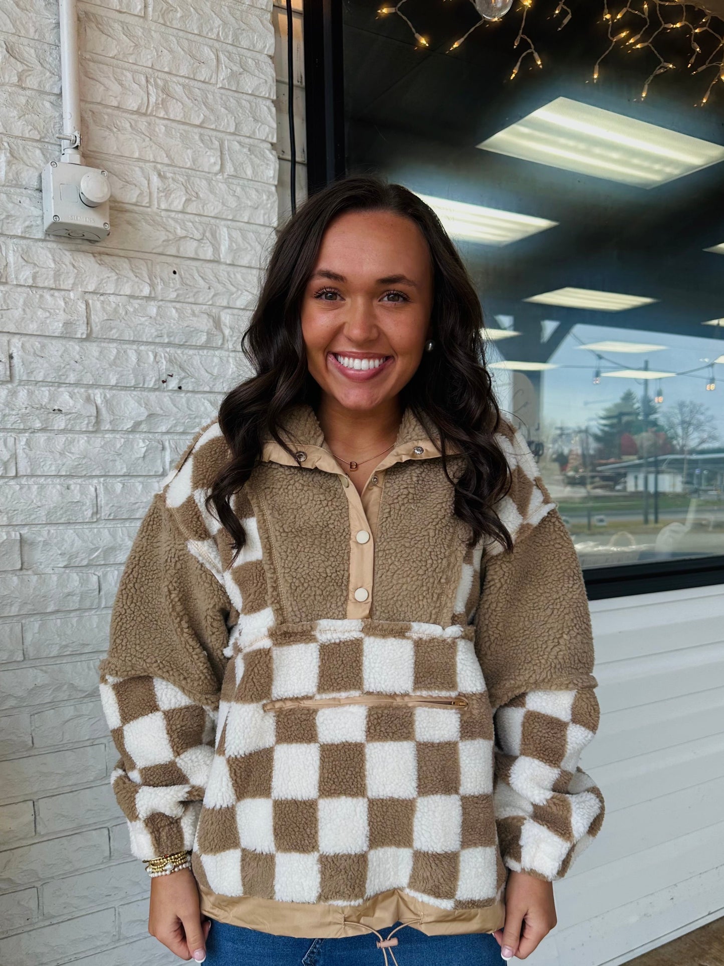 Taupe Checkered Fleece Pullover