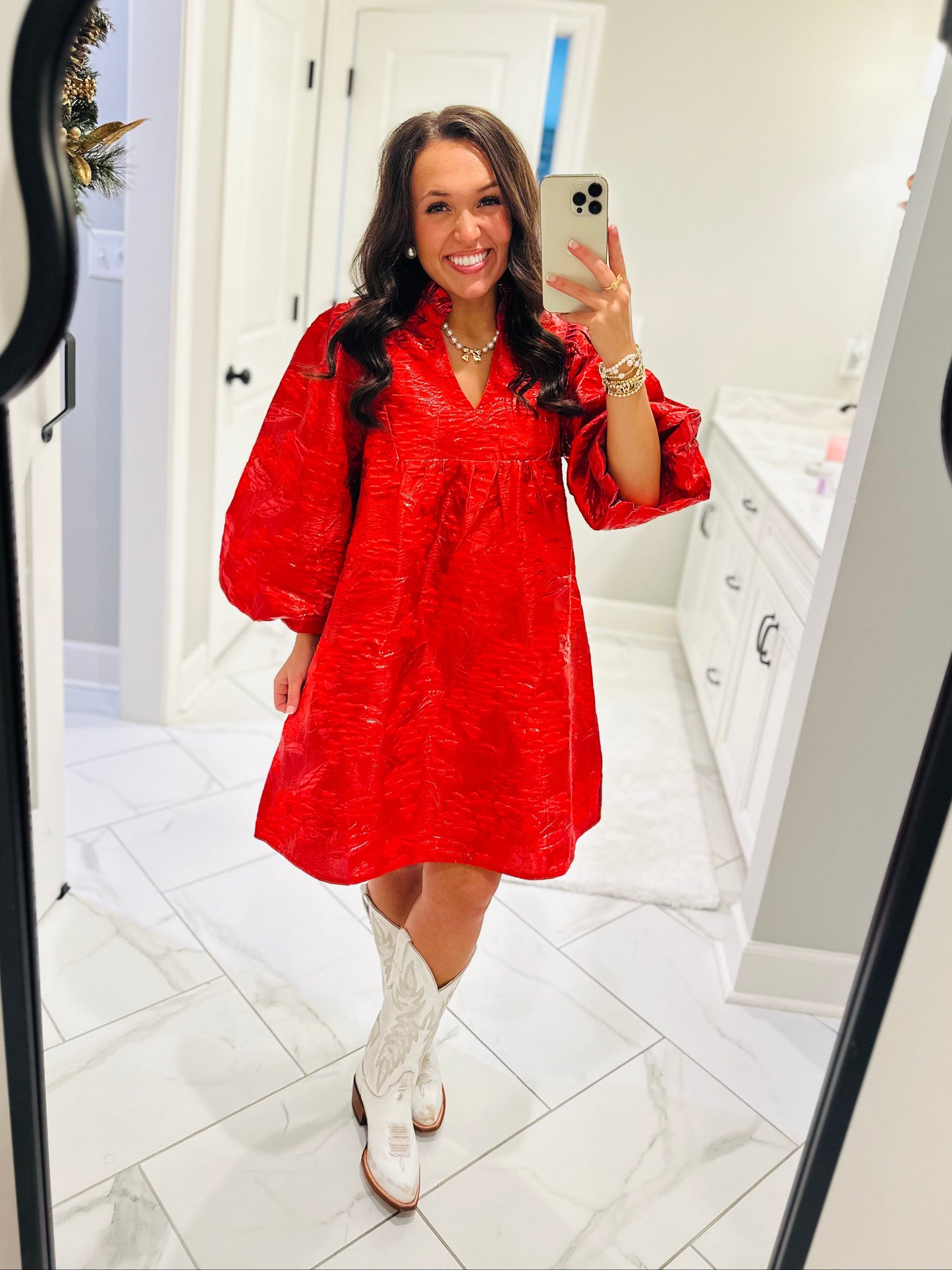 The Clara Red Jacquard Shimmer Dress