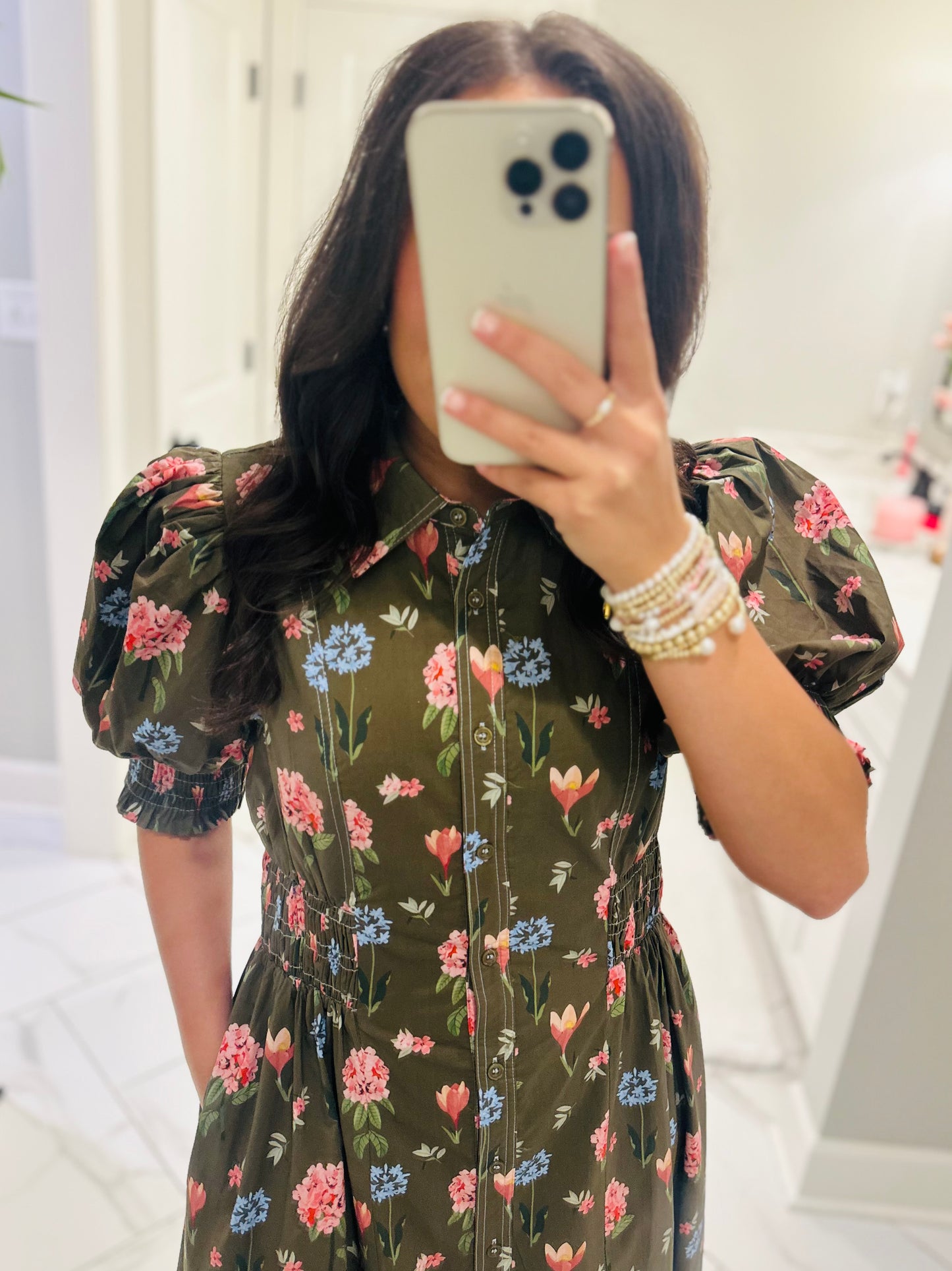 The Annie Olive Green Floral Midi Dress