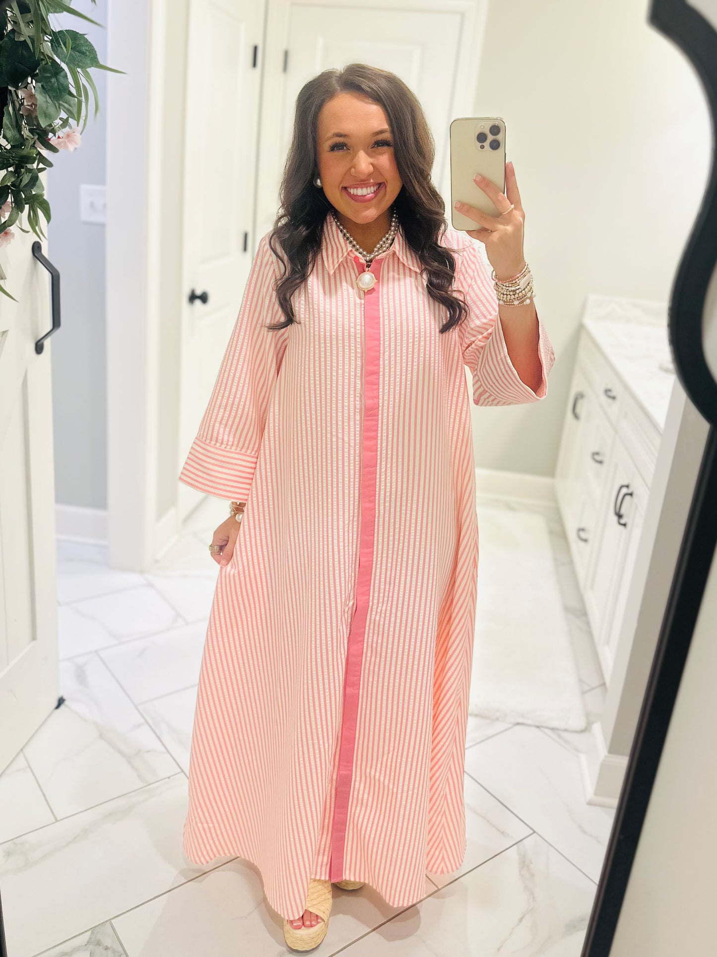 The Nora Pink Striped Midi Dress
