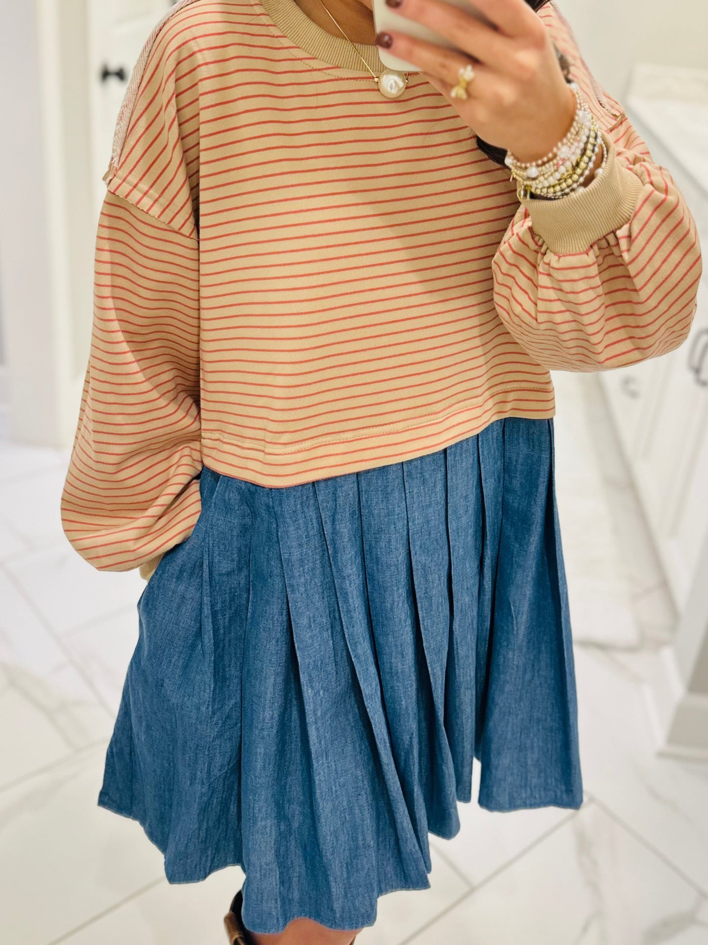 The Ella Long Sleeve Pleated Dress - Taupe / Denim