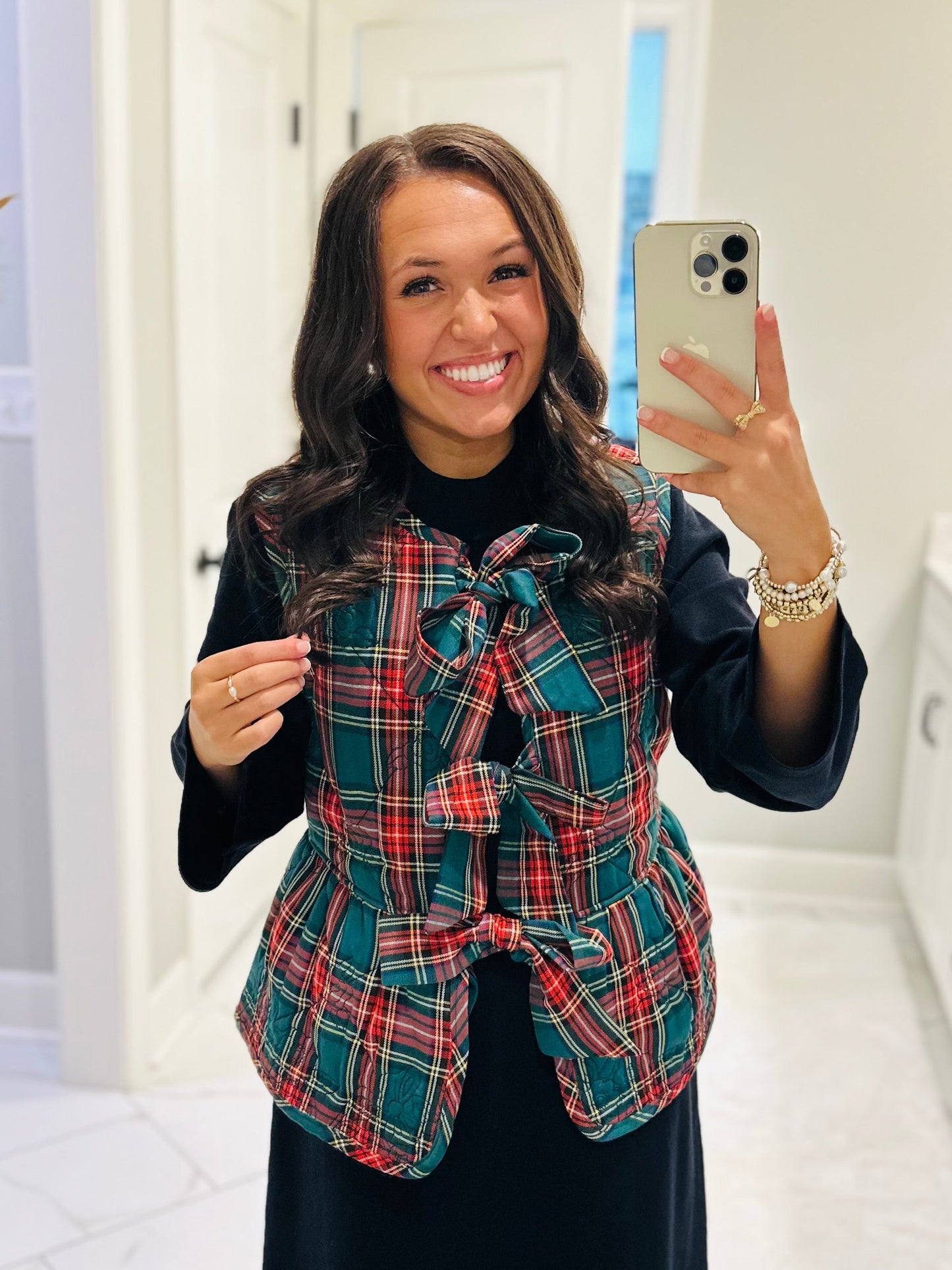 The Charity Green Plaid Quilted Bow Vest