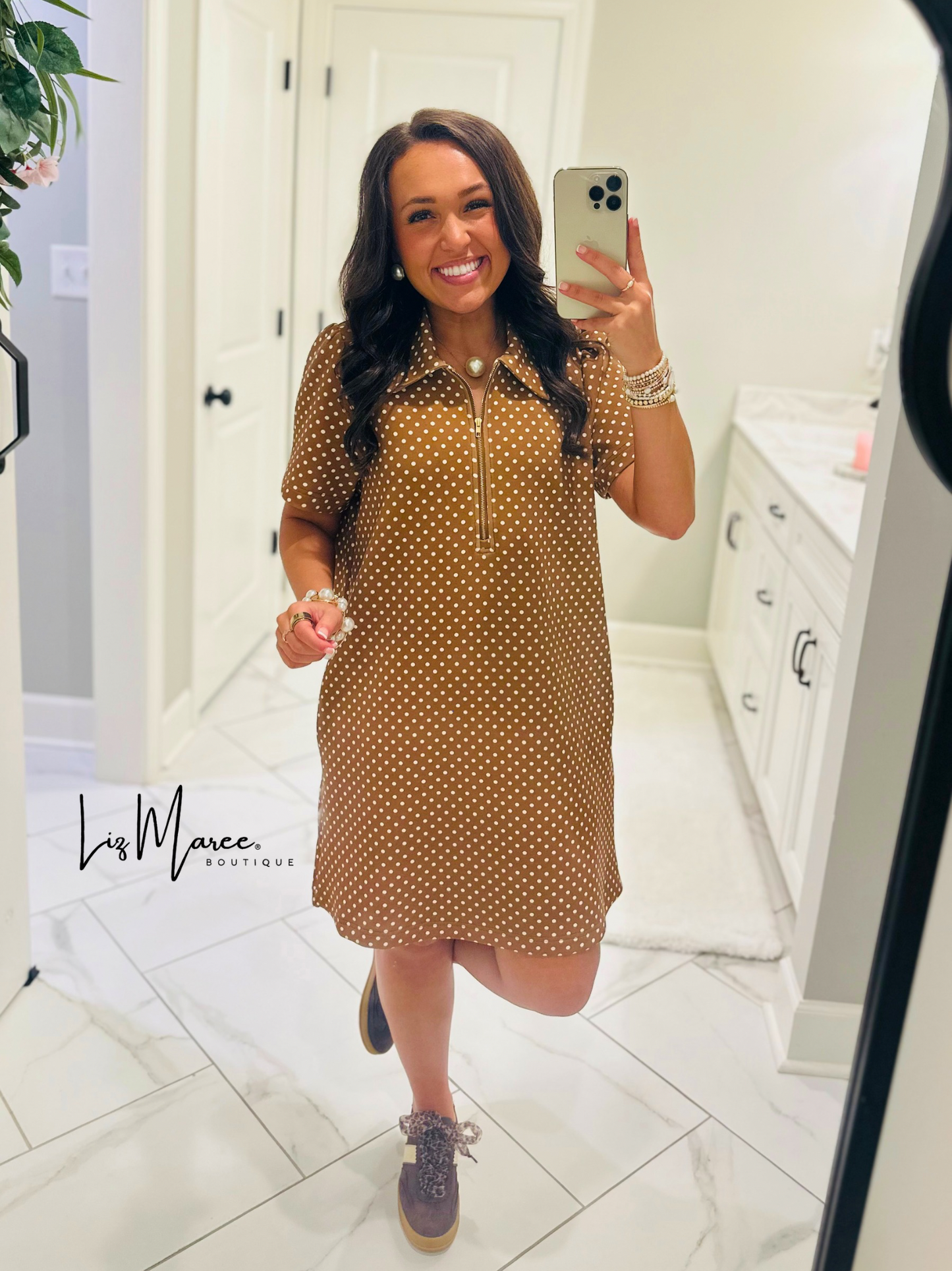 The Hadley Caramel Brown Polka Dot Quarter Zip Dress
