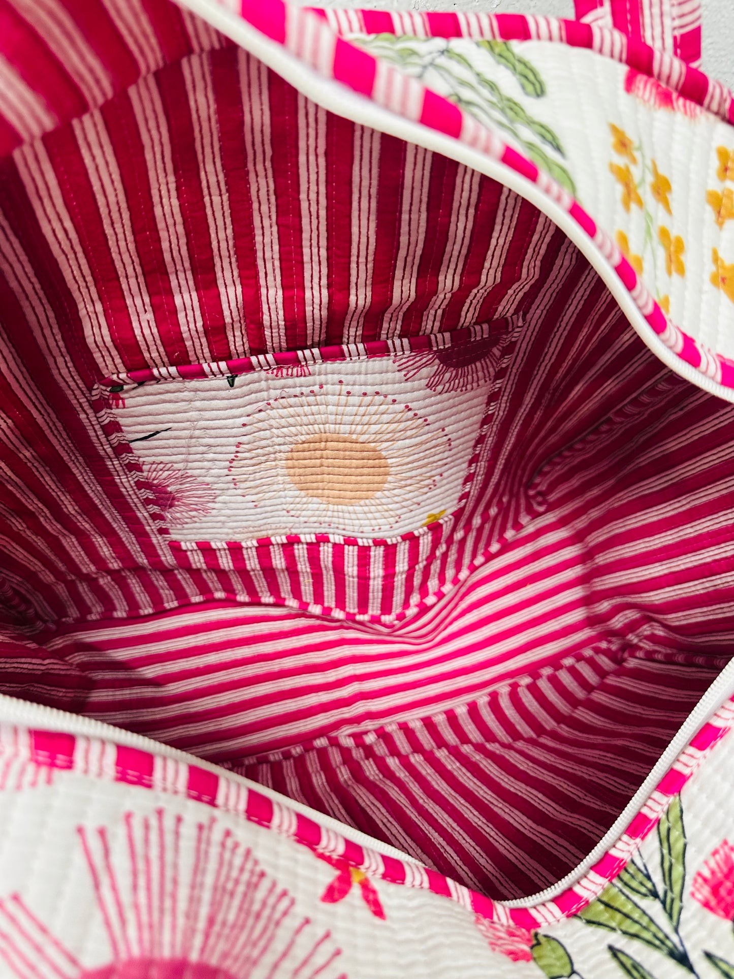 The White + Pink Floral Ruffle Quilted Tote Bag