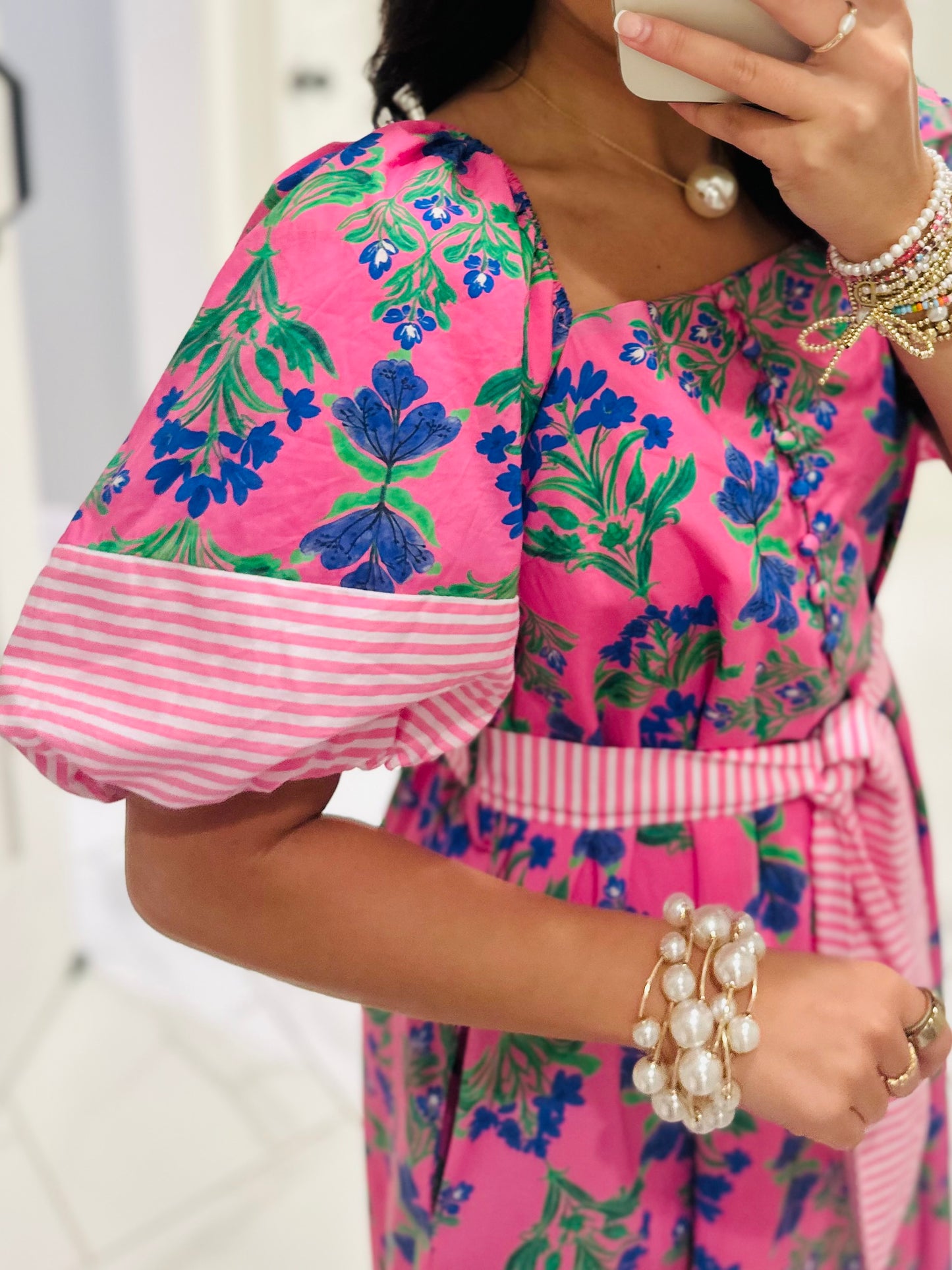 The Harlee Pink Botanical Midi Dress