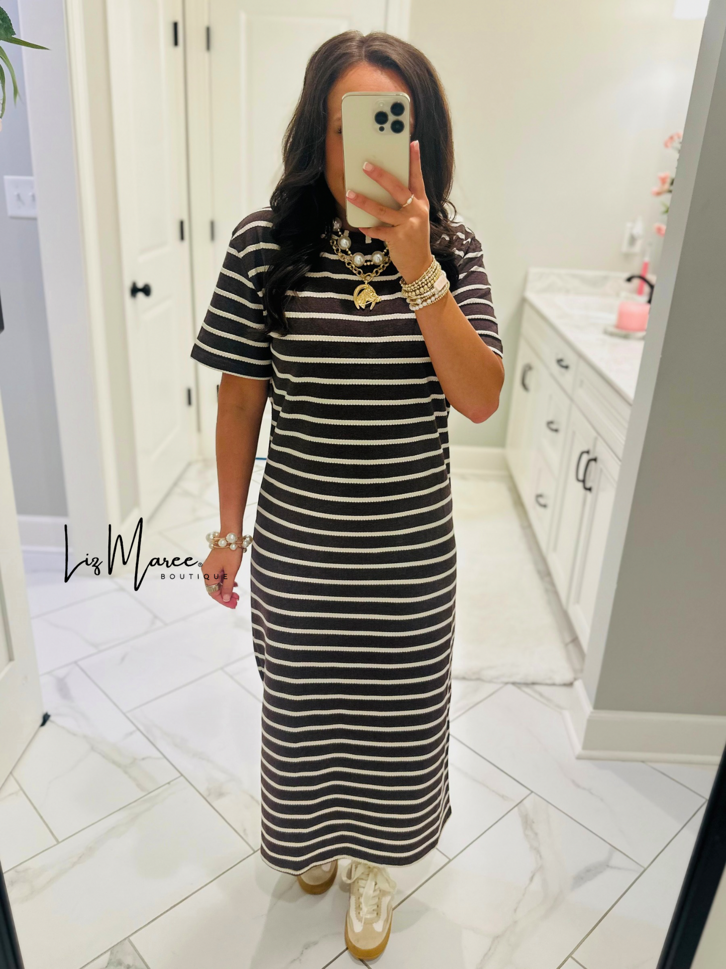 The Abigail Heathered Cocoa Striped Midi Dress