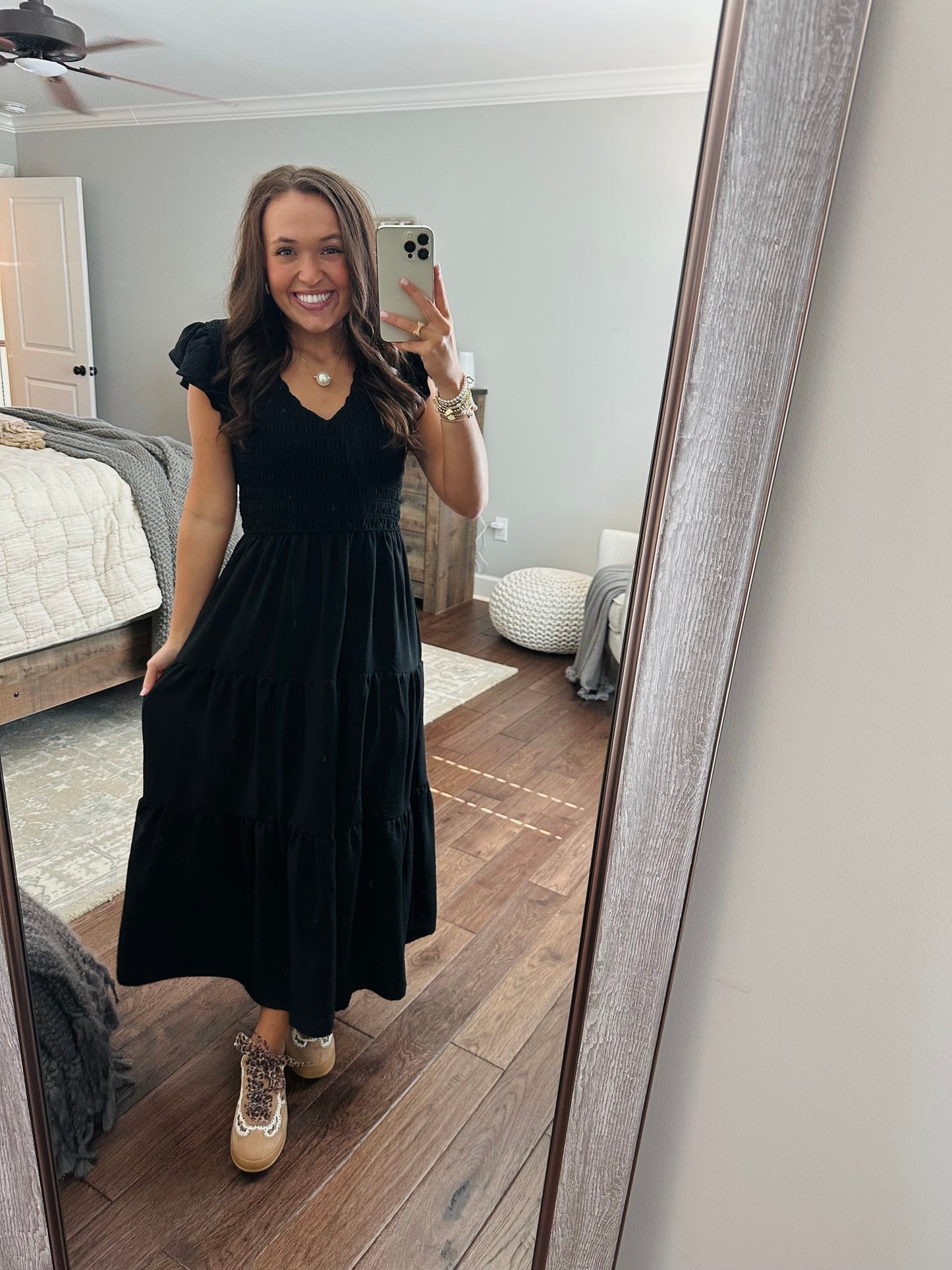 The Maple Black Flutter Sleeve Smocked Midi Dress
